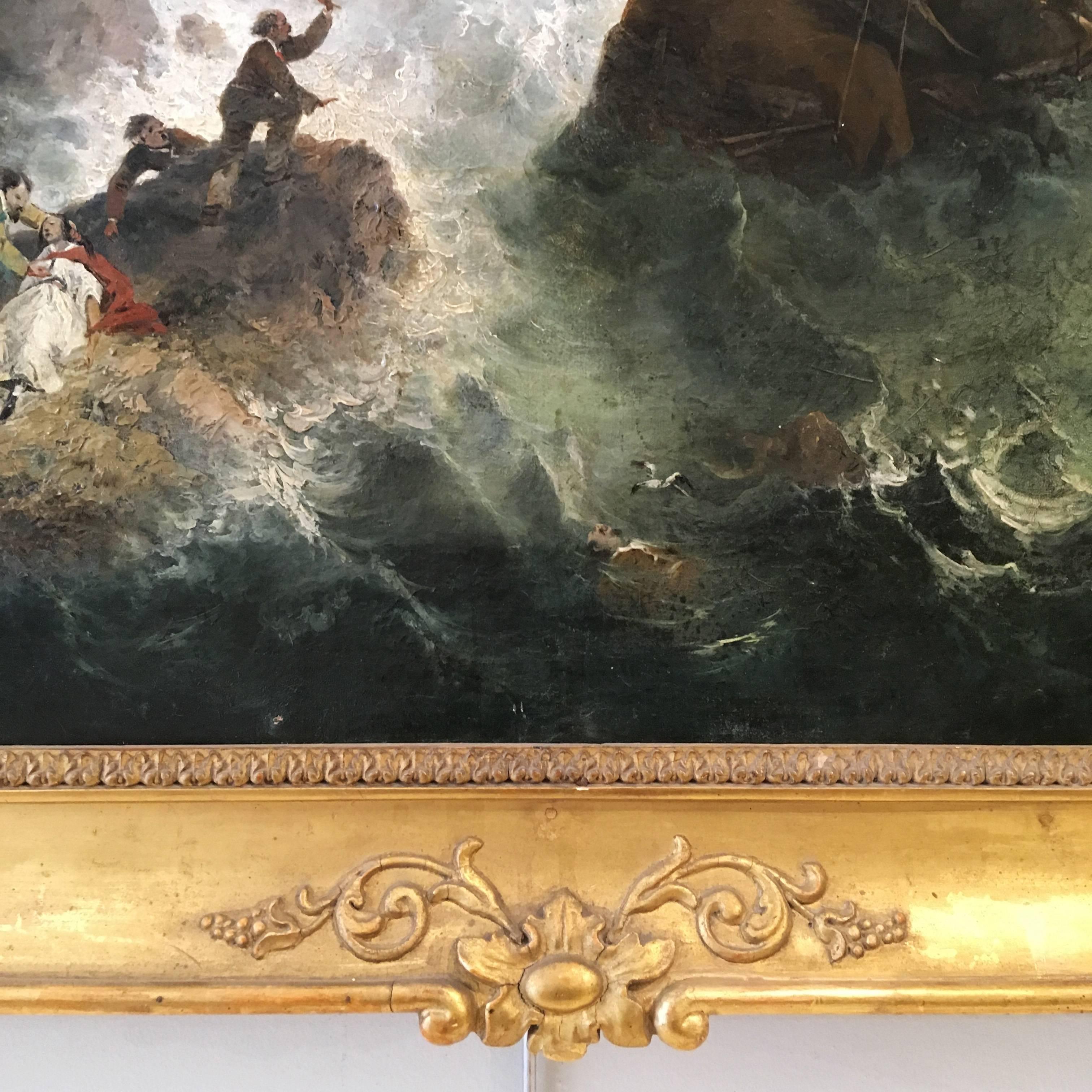 19th Century French Oil on Canvas Painting in Giltwood Frame Depicting Shipwreck 4