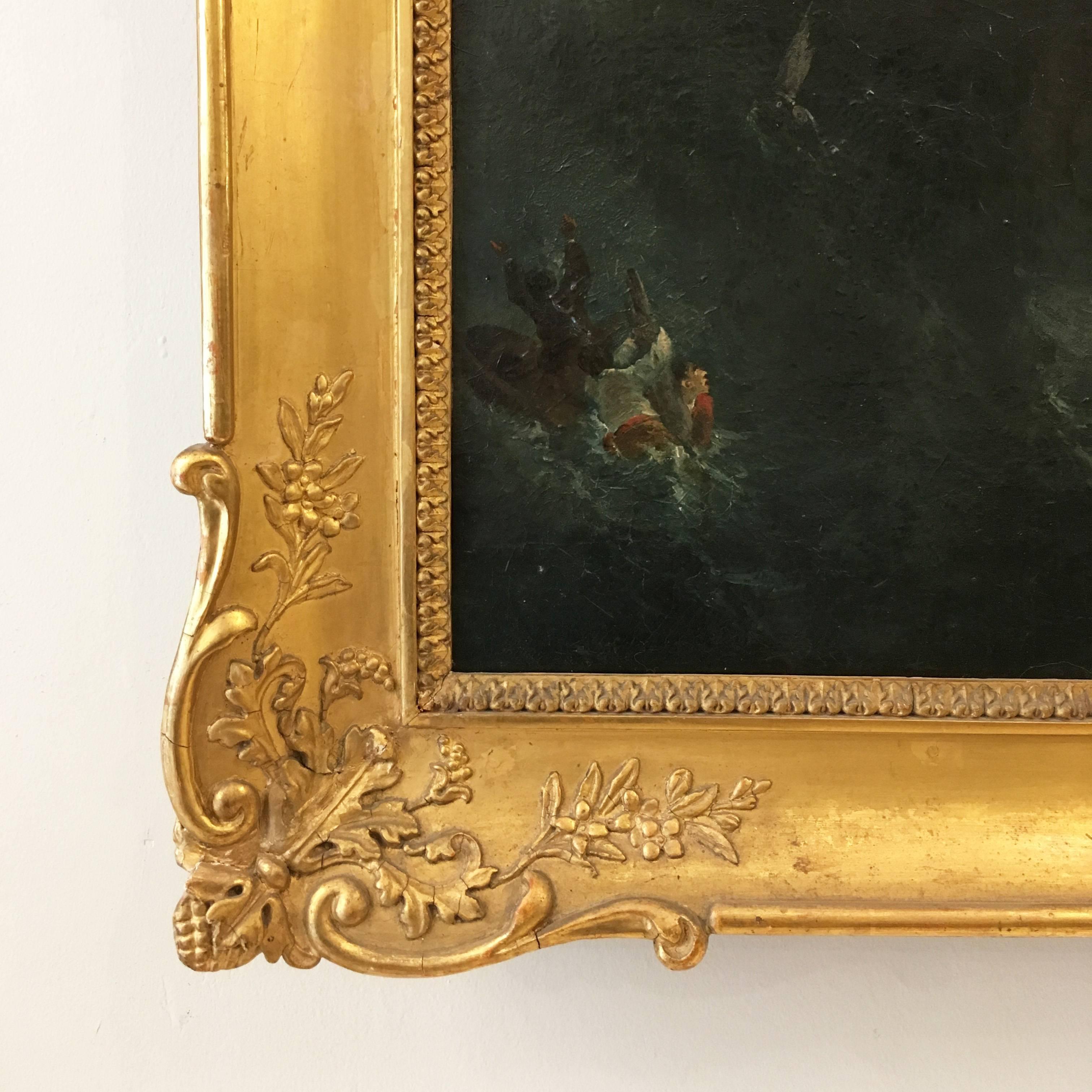 19th Century French Oil on Canvas Painting in Giltwood Frame Depicting Shipwreck 5