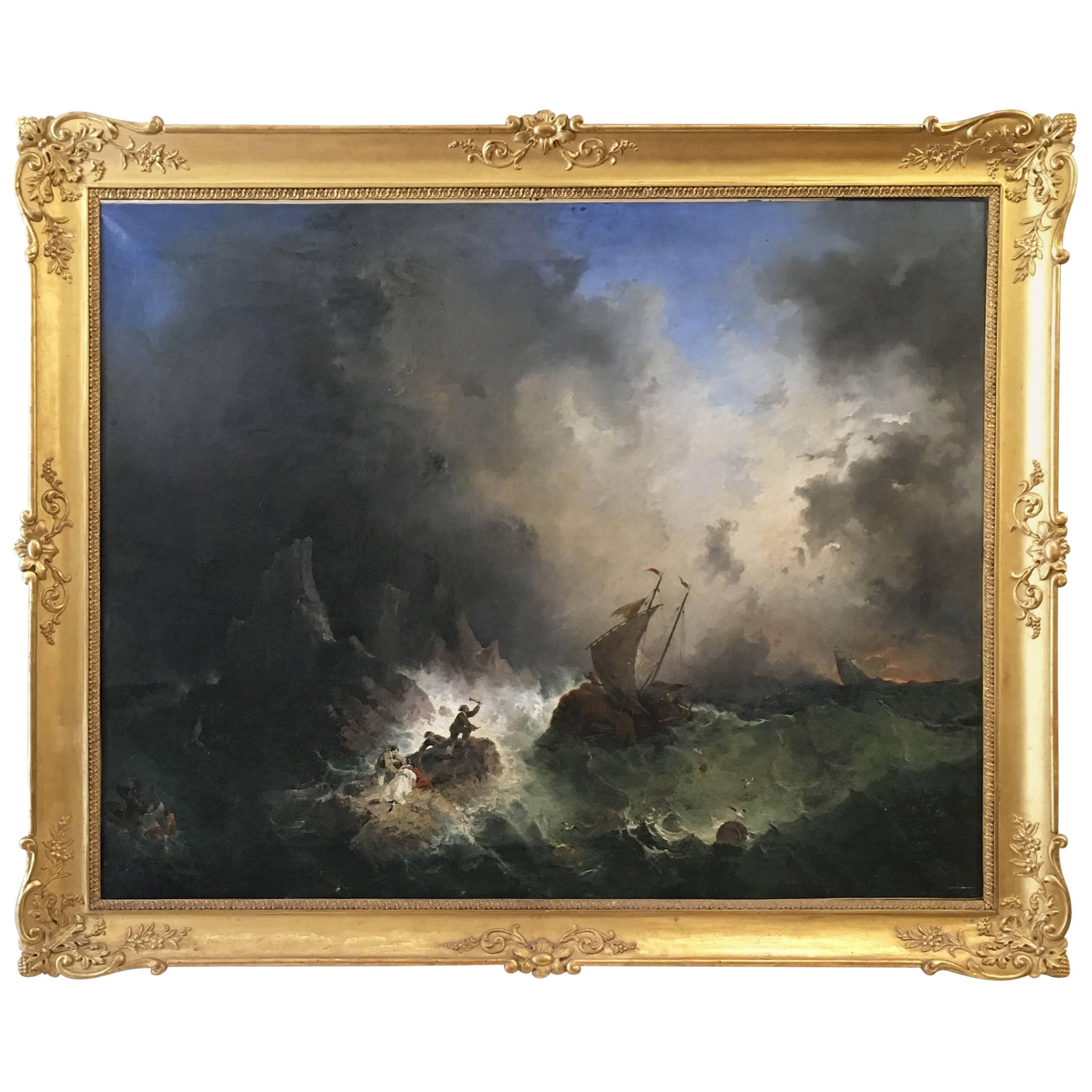 19th Century French Oil on Canvas Painting in Giltwood Frame Depicting Shipwreck