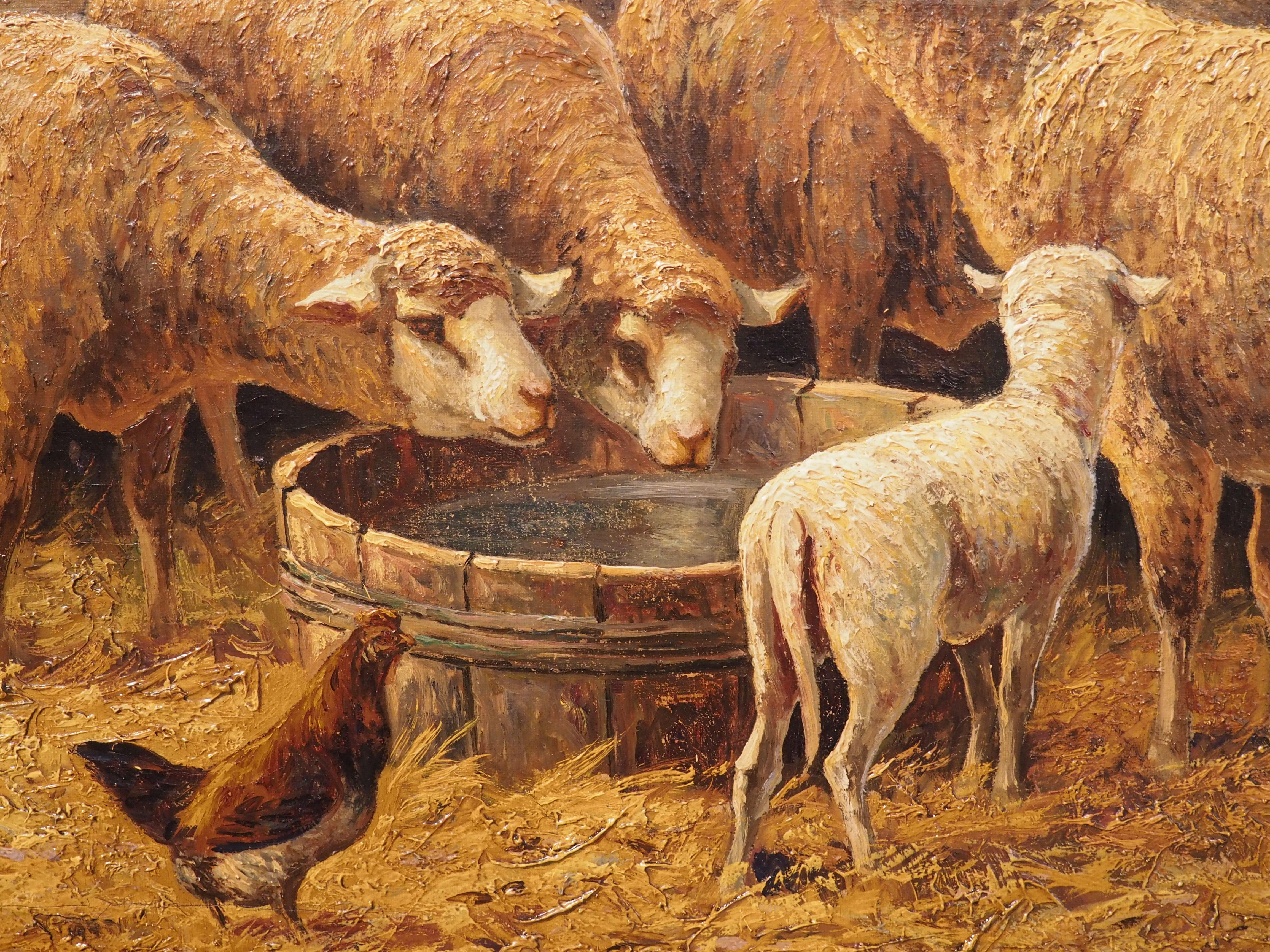 Französisches Gemälde des 19. Jahrhunderts, Öl auf Leinwand, „In the Sheepfold“, signiert Lecler im Angebot 6