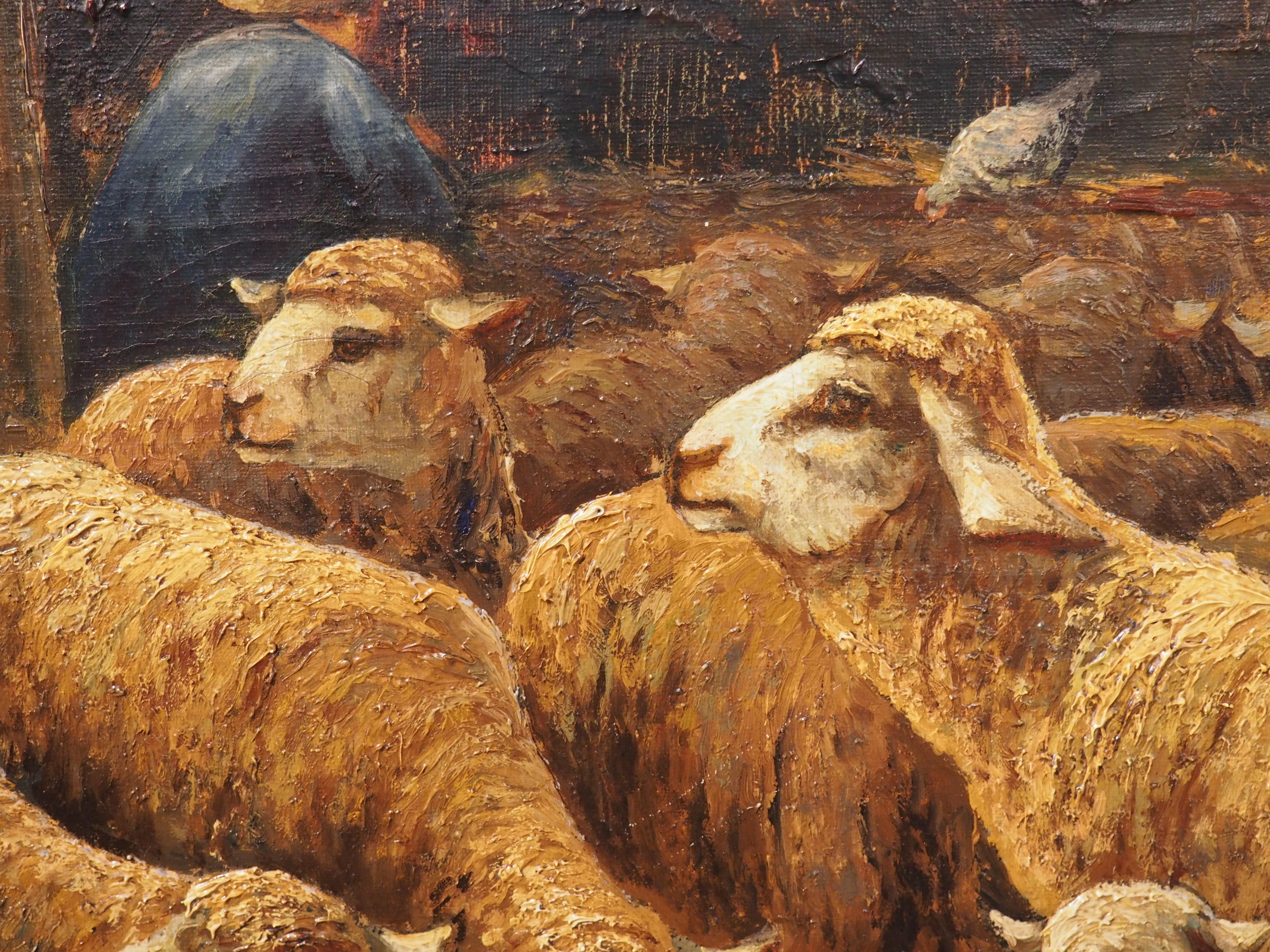 Französisches Gemälde des 19. Jahrhunderts, Öl auf Leinwand, „In the Sheepfold“, signiert Lecler im Angebot 7