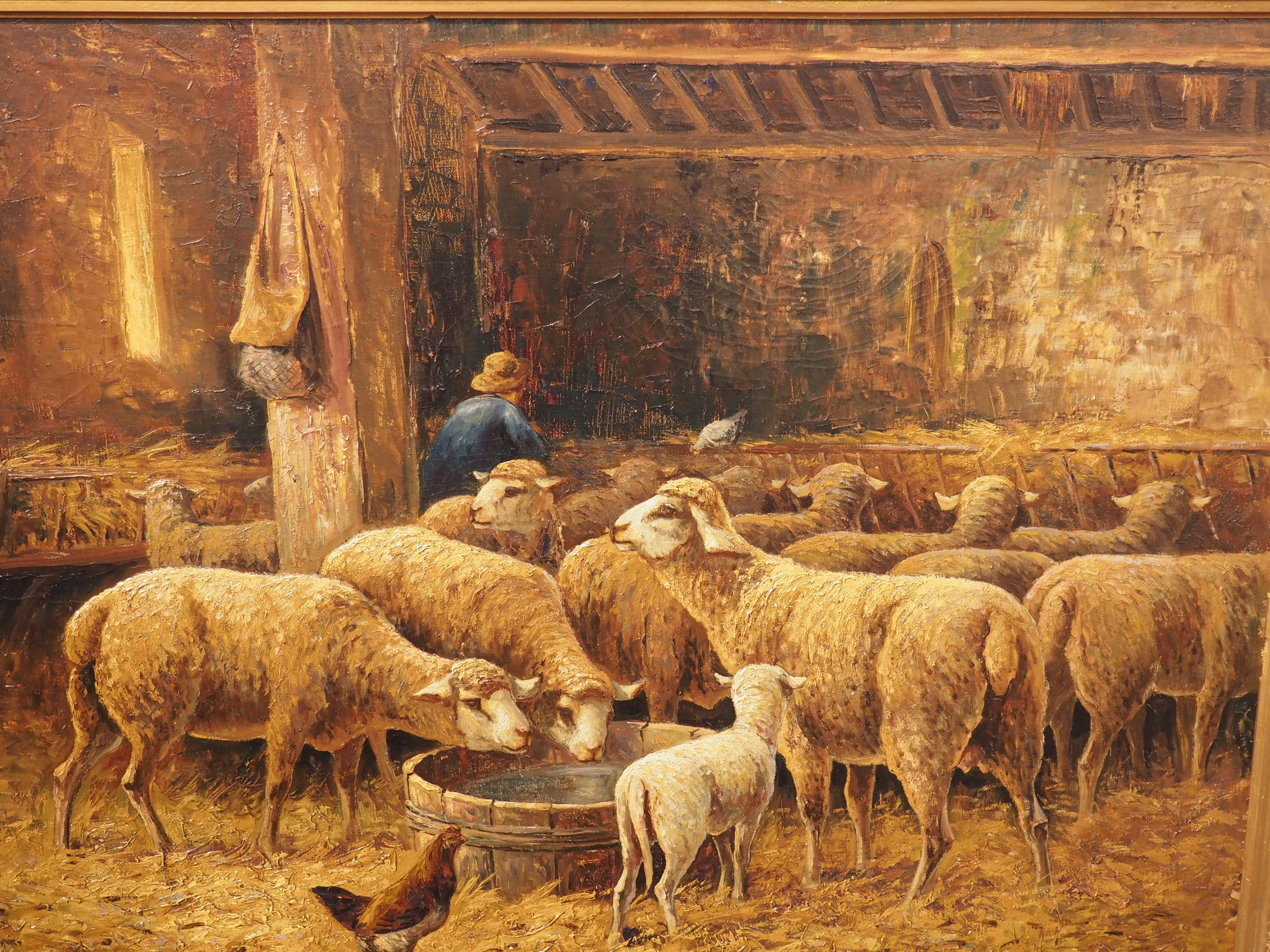 Französisches Gemälde des 19. Jahrhunderts, Öl auf Leinwand, „In the Sheepfold“, signiert Lecler im Angebot 8