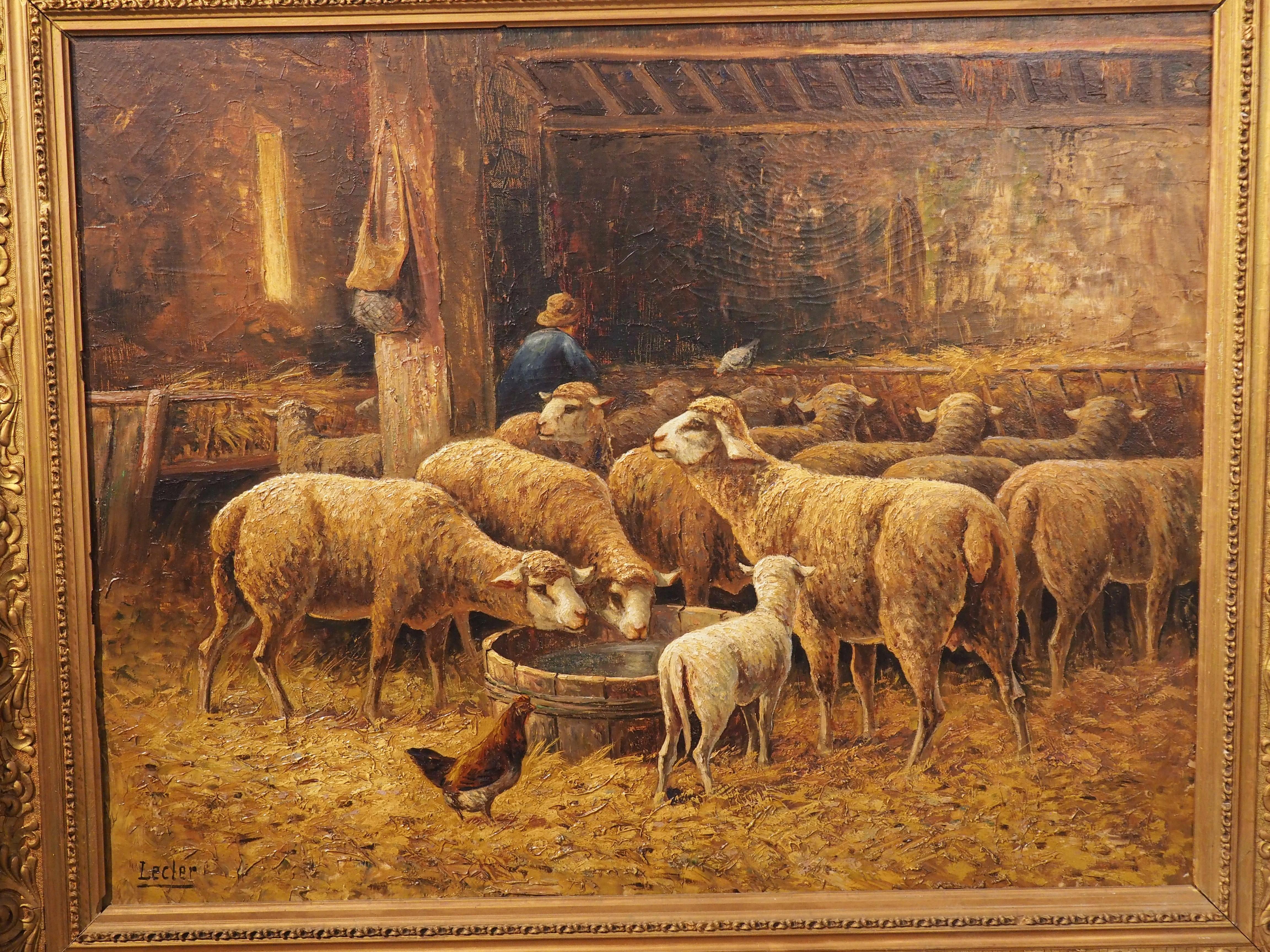 Französisches Gemälde des 19. Jahrhunderts, Öl auf Leinwand, „In the Sheepfold“, signiert Lecler im Angebot 10