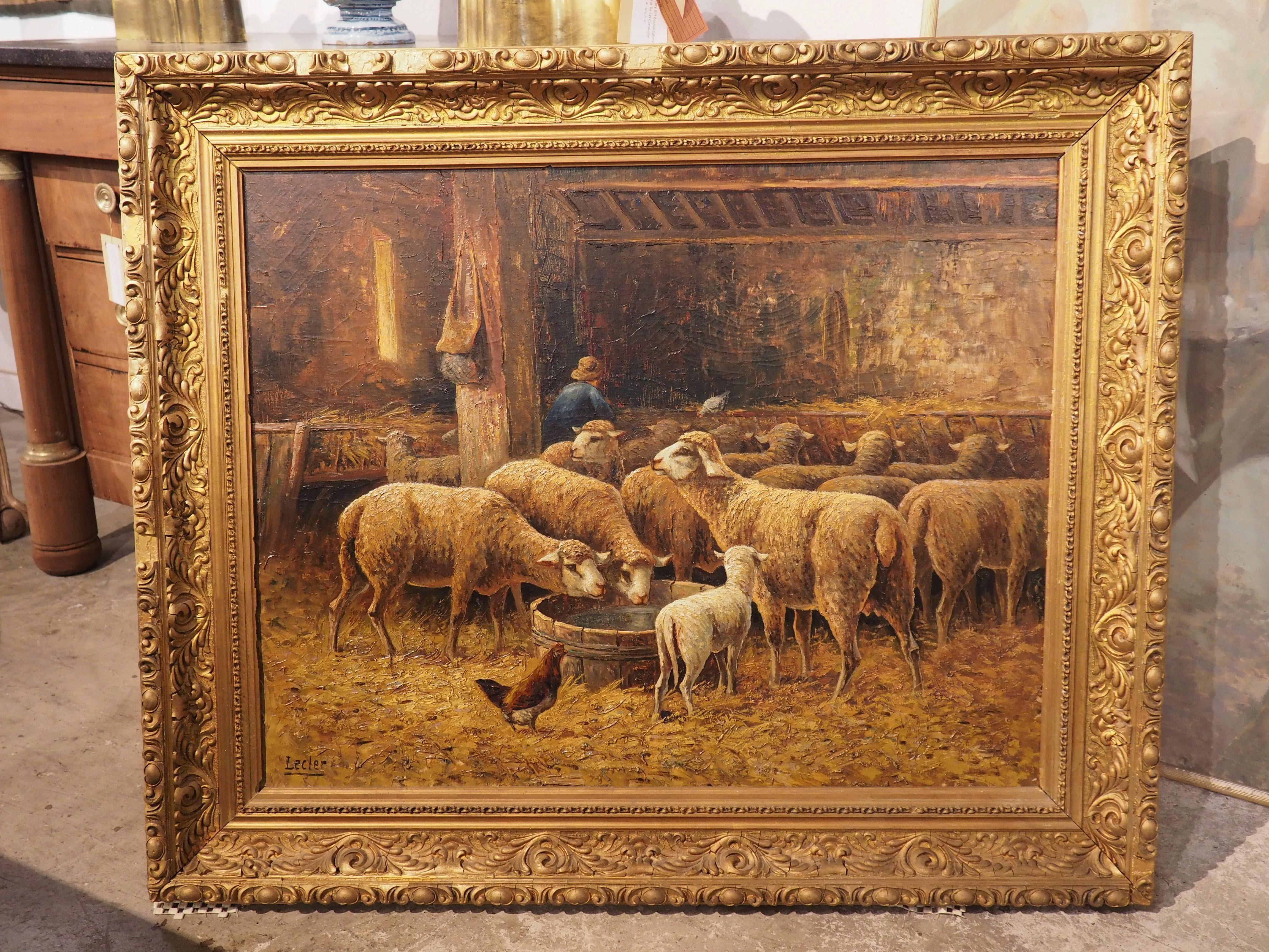 Französisches Gemälde des 19. Jahrhunderts, Öl auf Leinwand, „In the Sheepfold“, signiert Lecler im Angebot 14