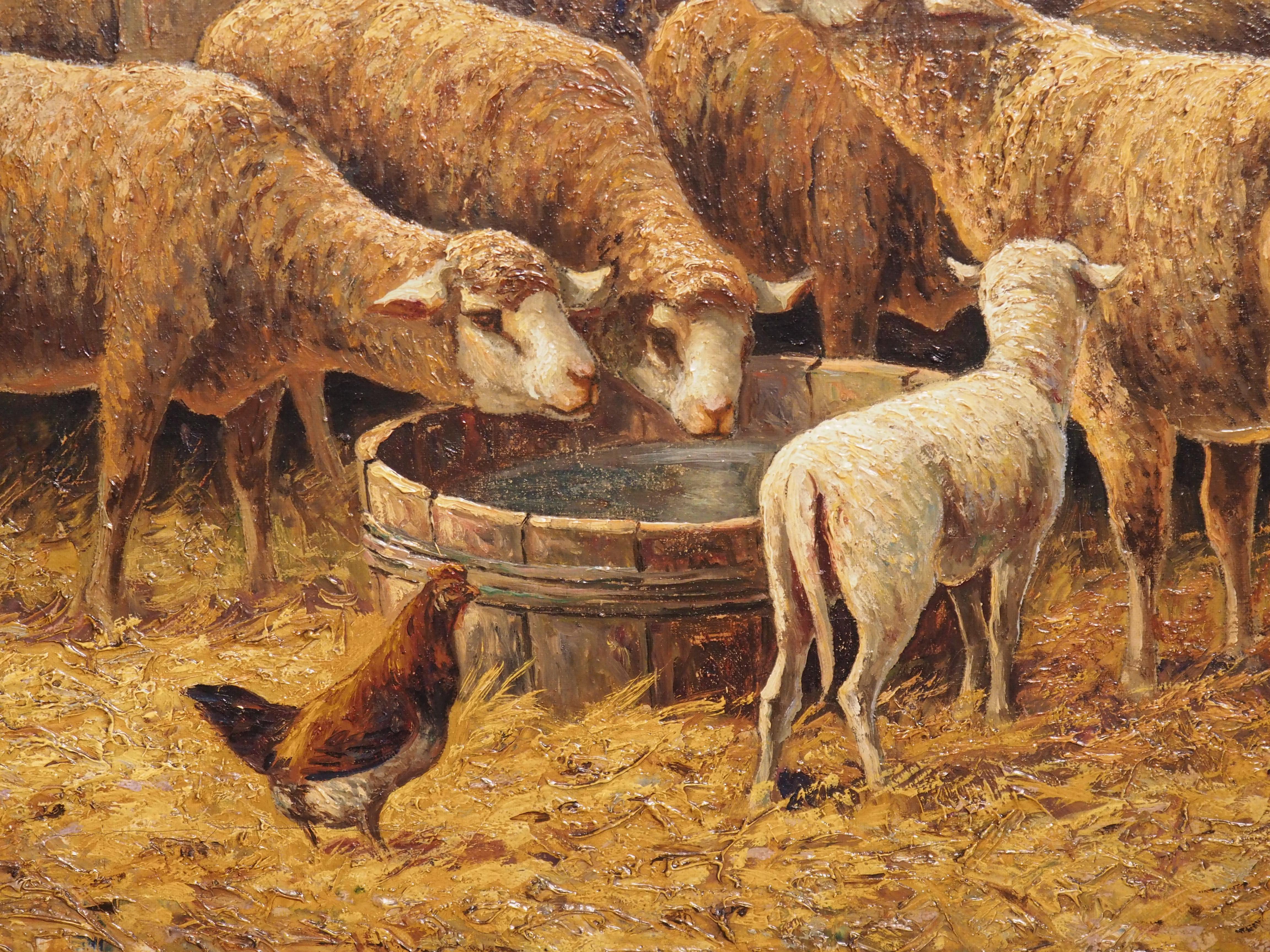 Dieses Gemälde in Öl auf Leinwand trägt den Titel In the Sheepfold und ist vom Künstler in der linken unteren Ecke signiert (
