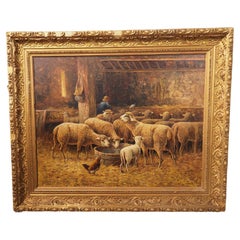 Huile sur toile française du XIXe siècle, "Dans la bergerie", signée Lecler