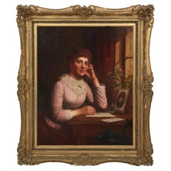 19th Century French Oil on Canvas Painting of a Women Writing Letters, Signed Em
