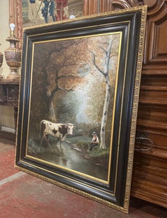 19th Century French Oil on Canvas Pastoral Cow Painting in Black and Gilt Frame