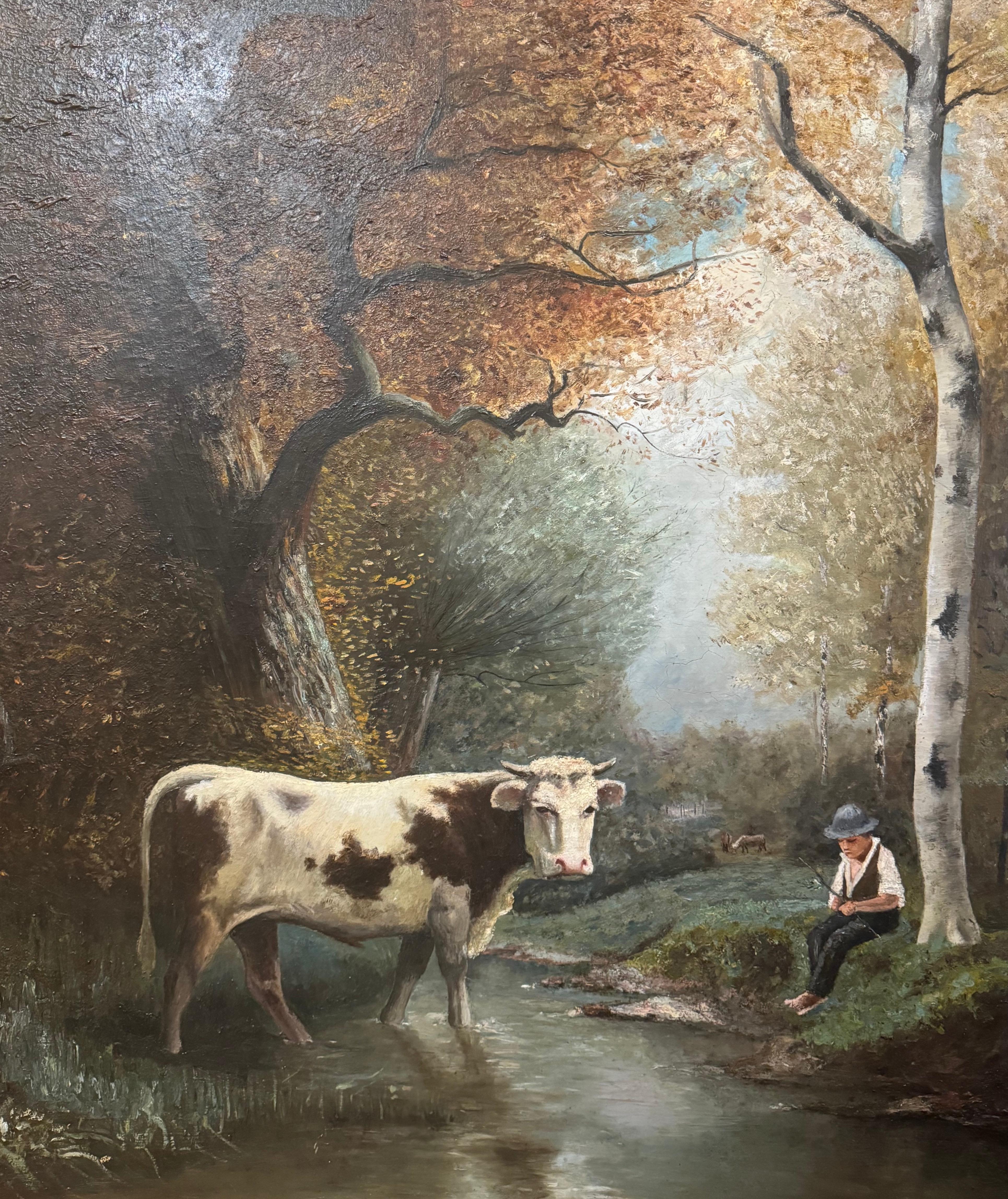 Óleo francés del siglo XIX sobre lienzo Pintura pastoral de vacas en marco negro y dorado Francés en venta