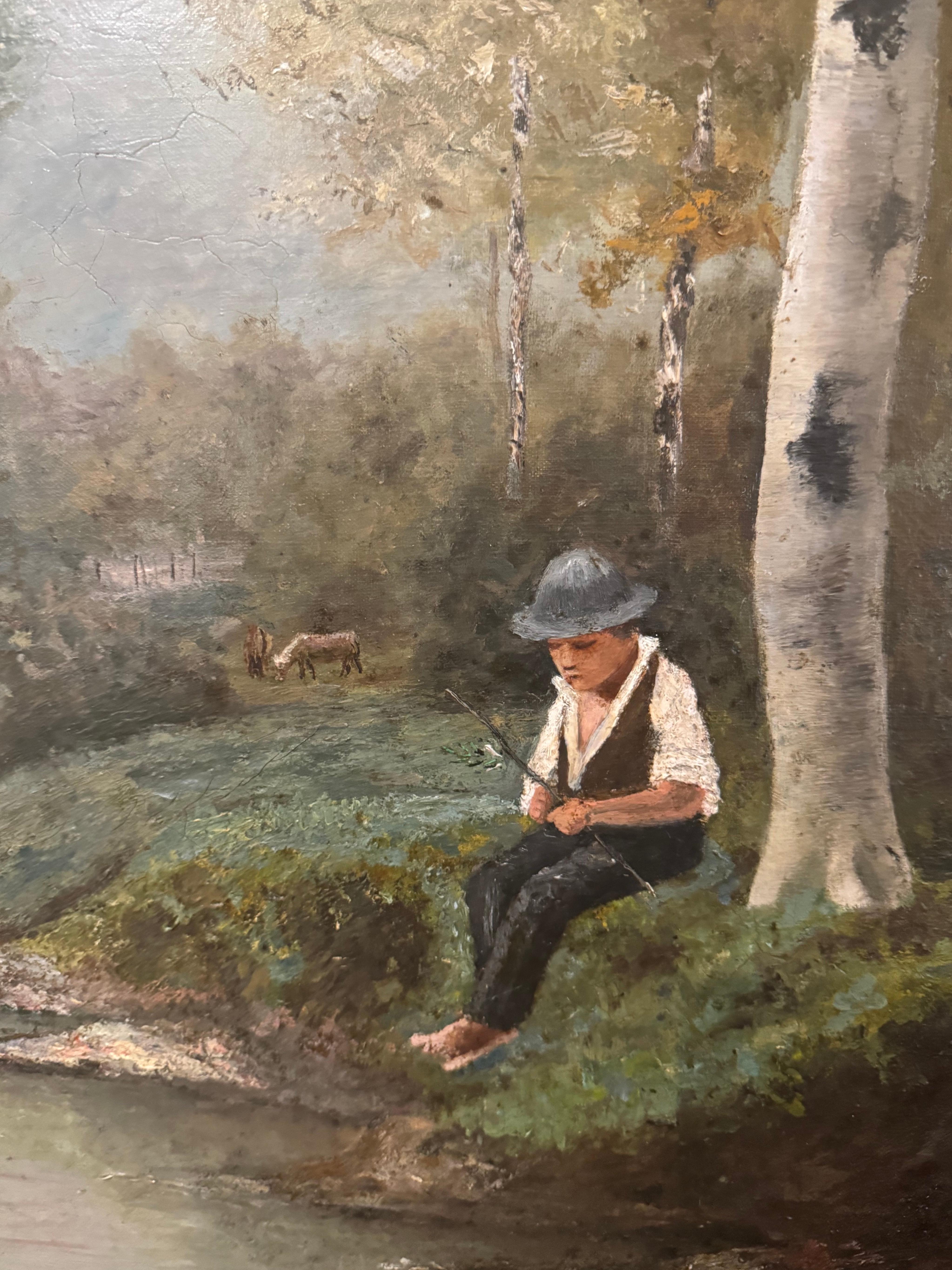Óleo francés del siglo XIX sobre lienzo Pintura pastoral de vacas en marco negro y dorado Dorado en venta