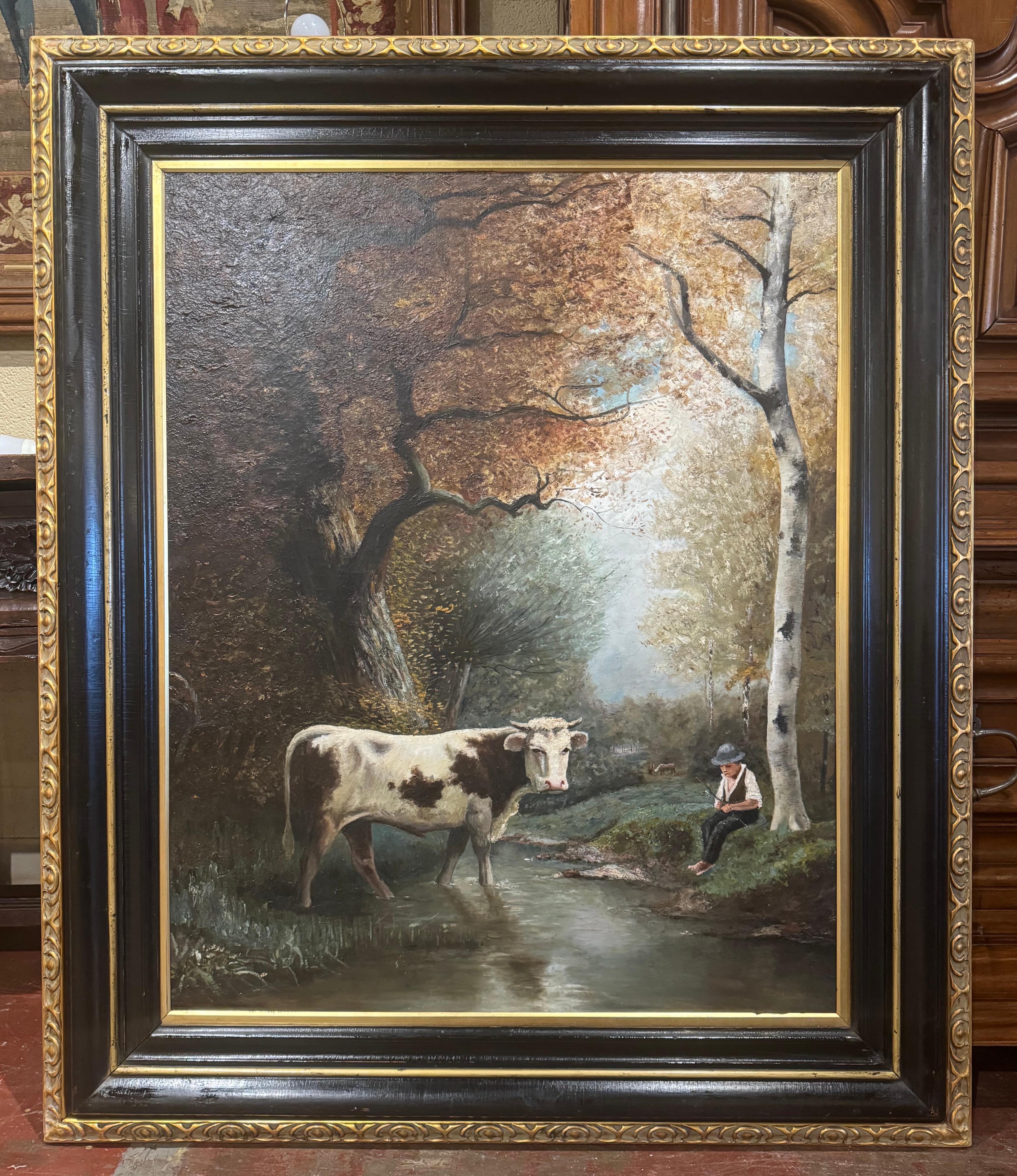 Óleo francés del siglo XIX sobre lienzo Pintura pastoral de vacas en marco negro y dorado en Excelente estado para la venta en Dallas, TX