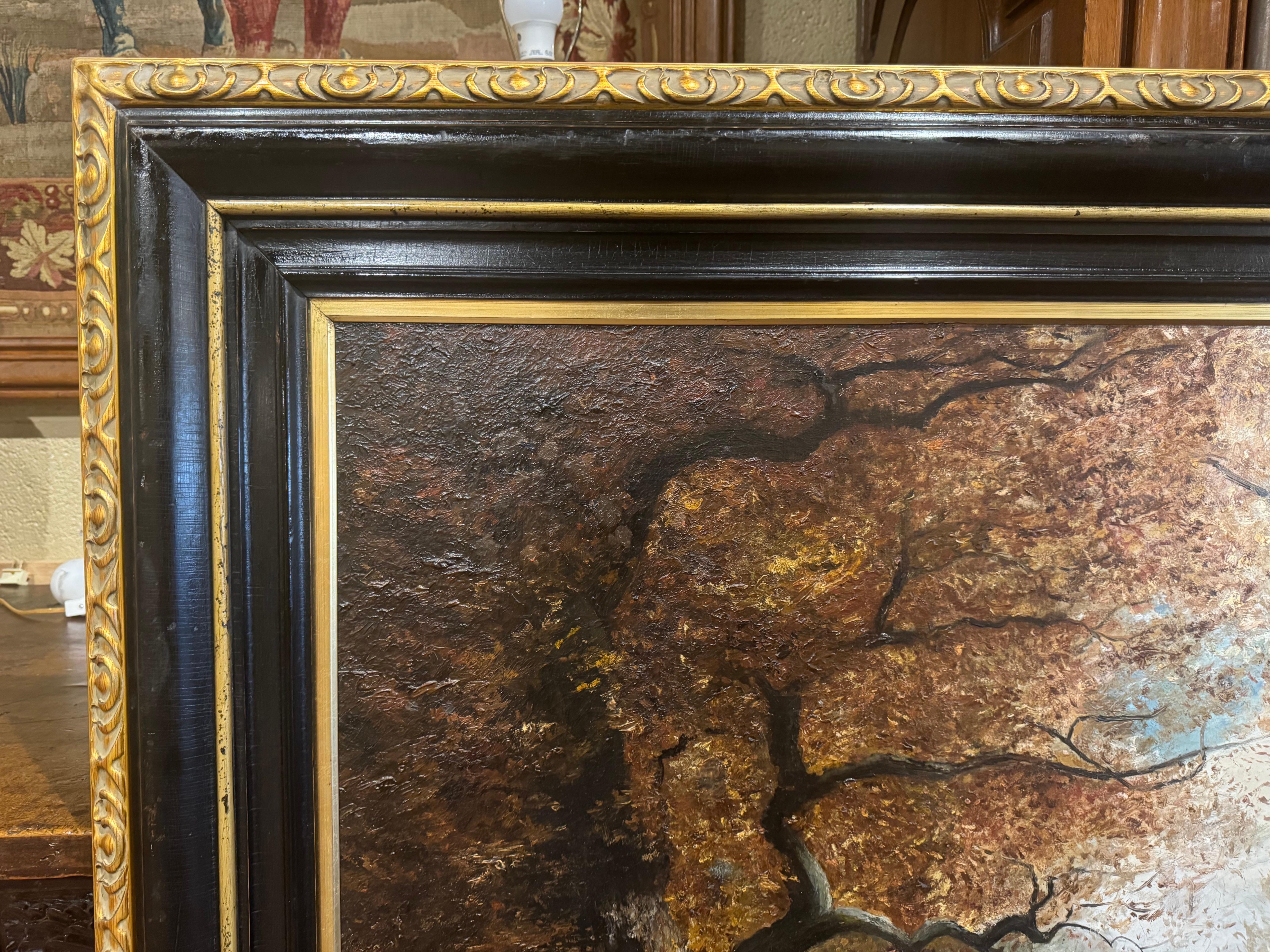 Óleo francés del siglo XIX sobre lienzo Pintura pastoral de vacas en marco negro y dorado Lienzo en venta
