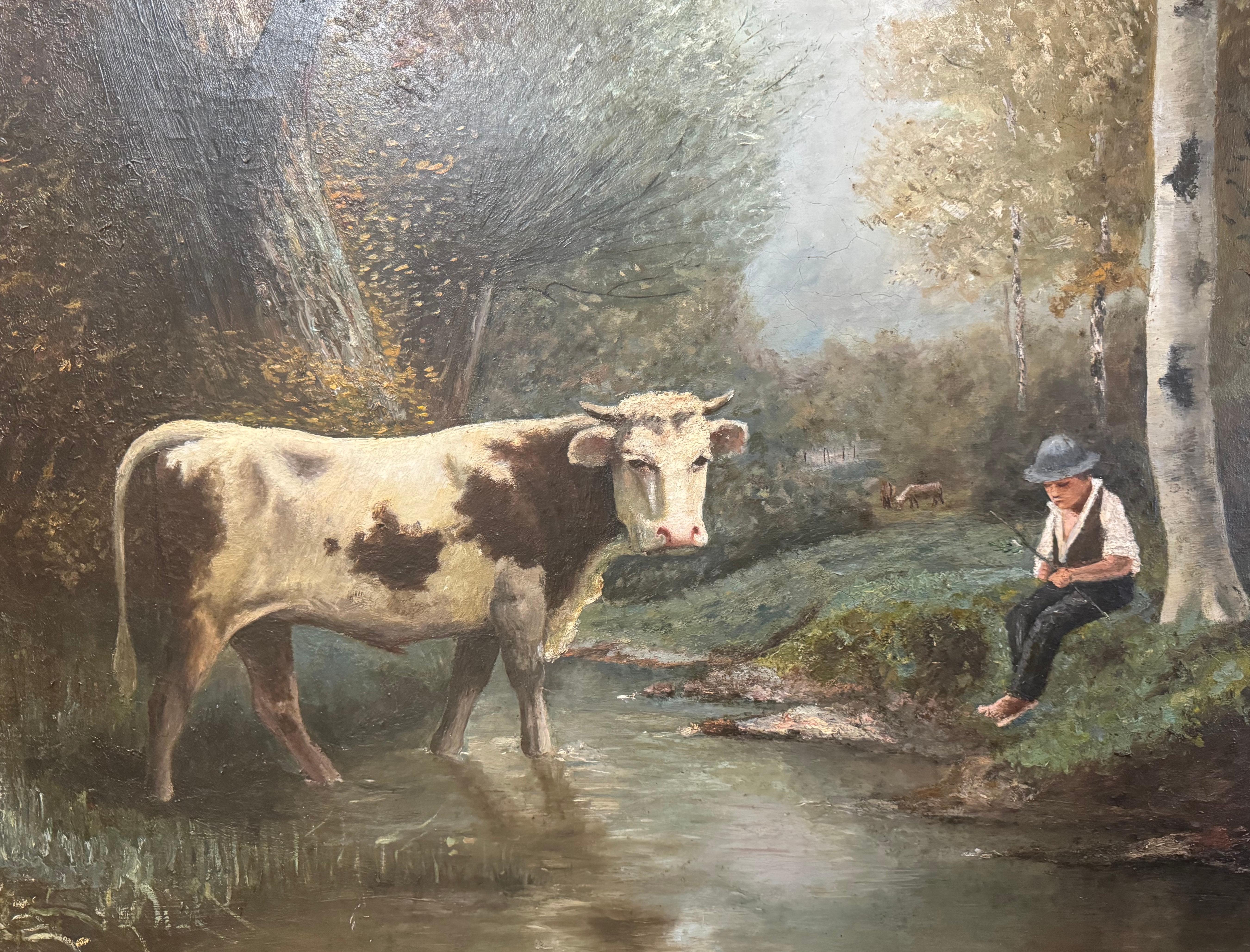 Óleo francés del siglo XIX sobre lienzo Pintura pastoral de vacas en marco negro y dorado en venta 2