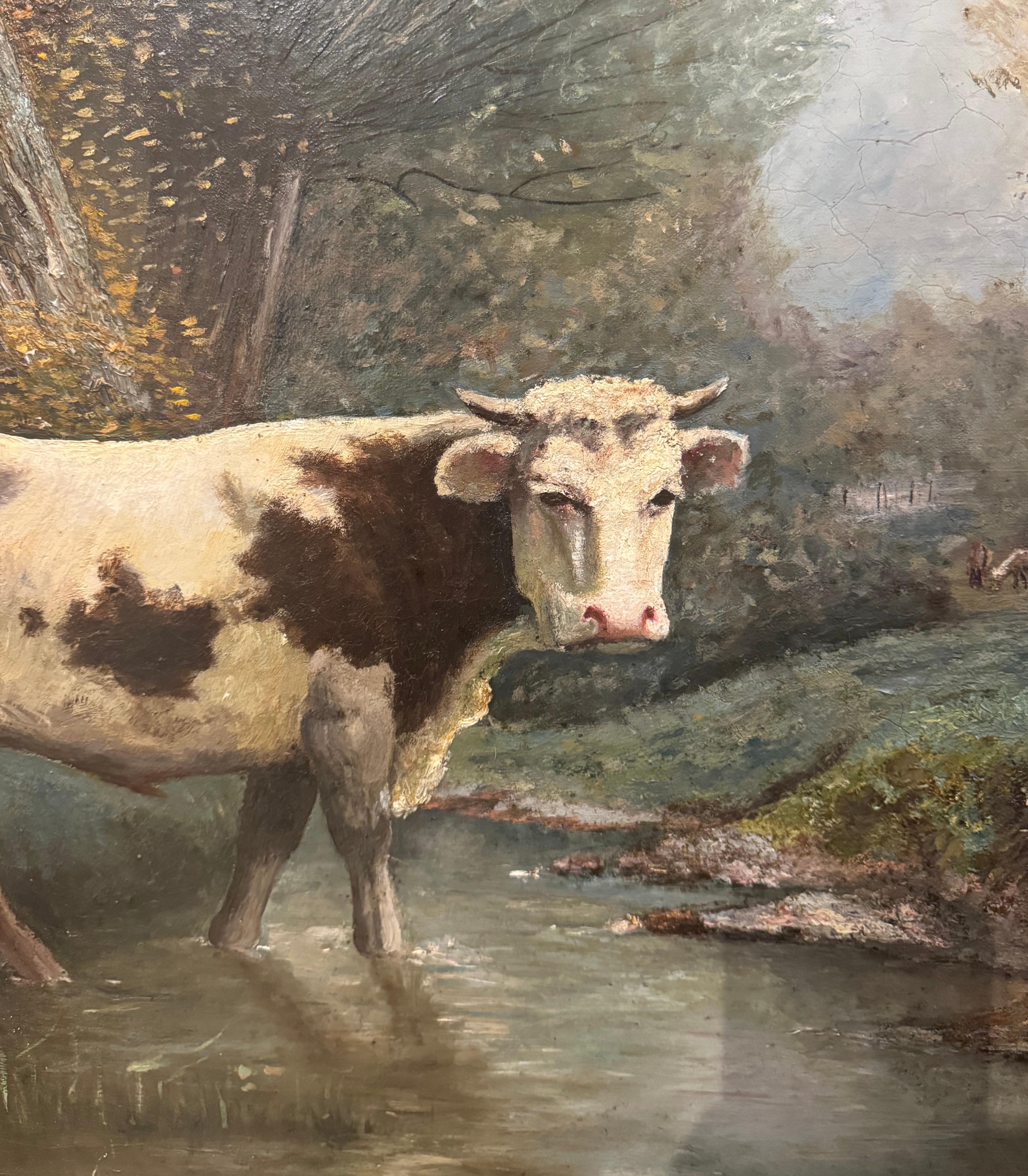 Óleo francés del siglo XIX sobre lienzo Pintura pastoral de vacas en marco negro y dorado en venta 3