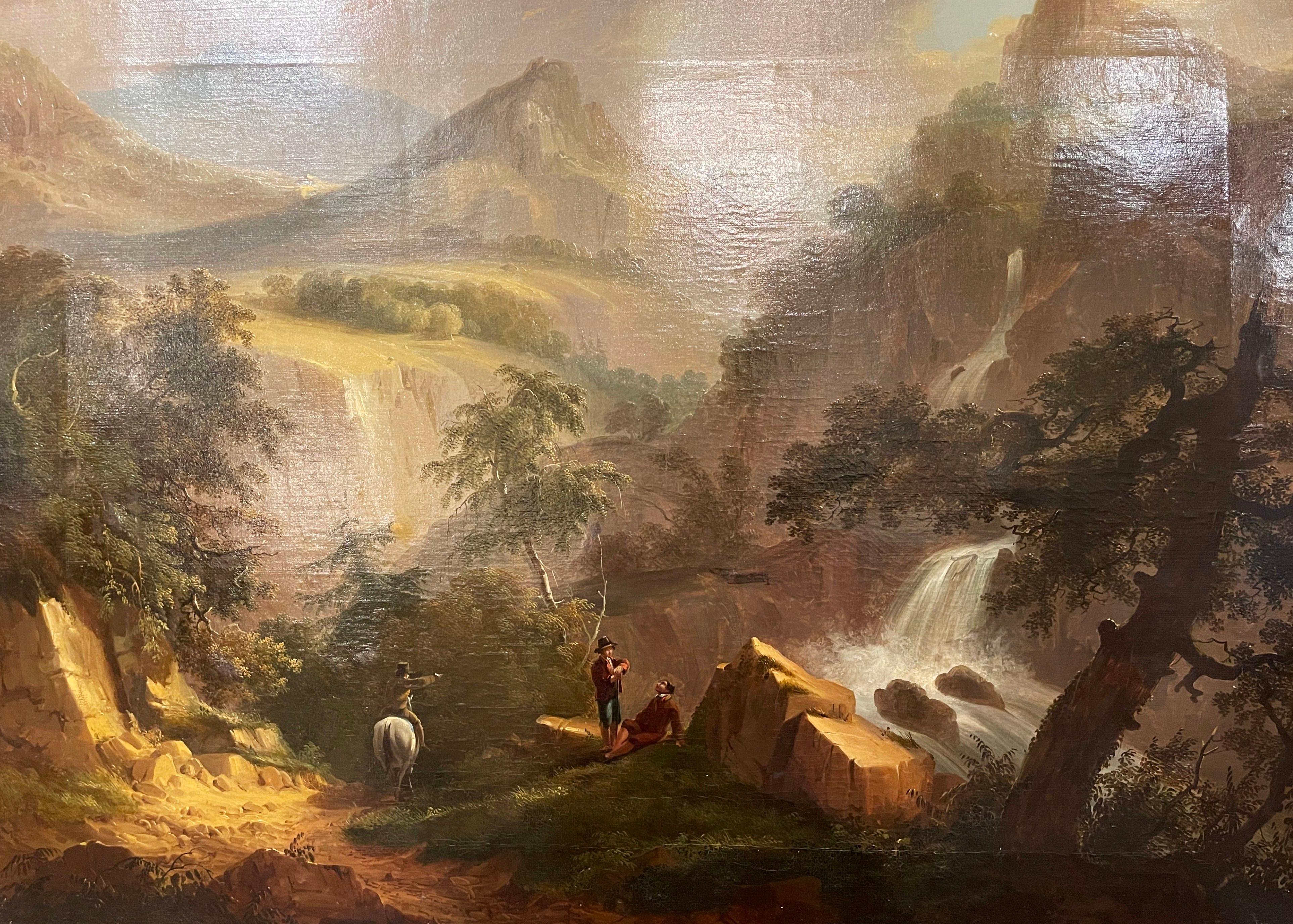 Created in France circa 1850 and set in the original carved gilt wood frame, the art work depicts a pastoral scene with people talking in front of a water fall surrounded with mountains. The large painting, signed in the lower right corner but