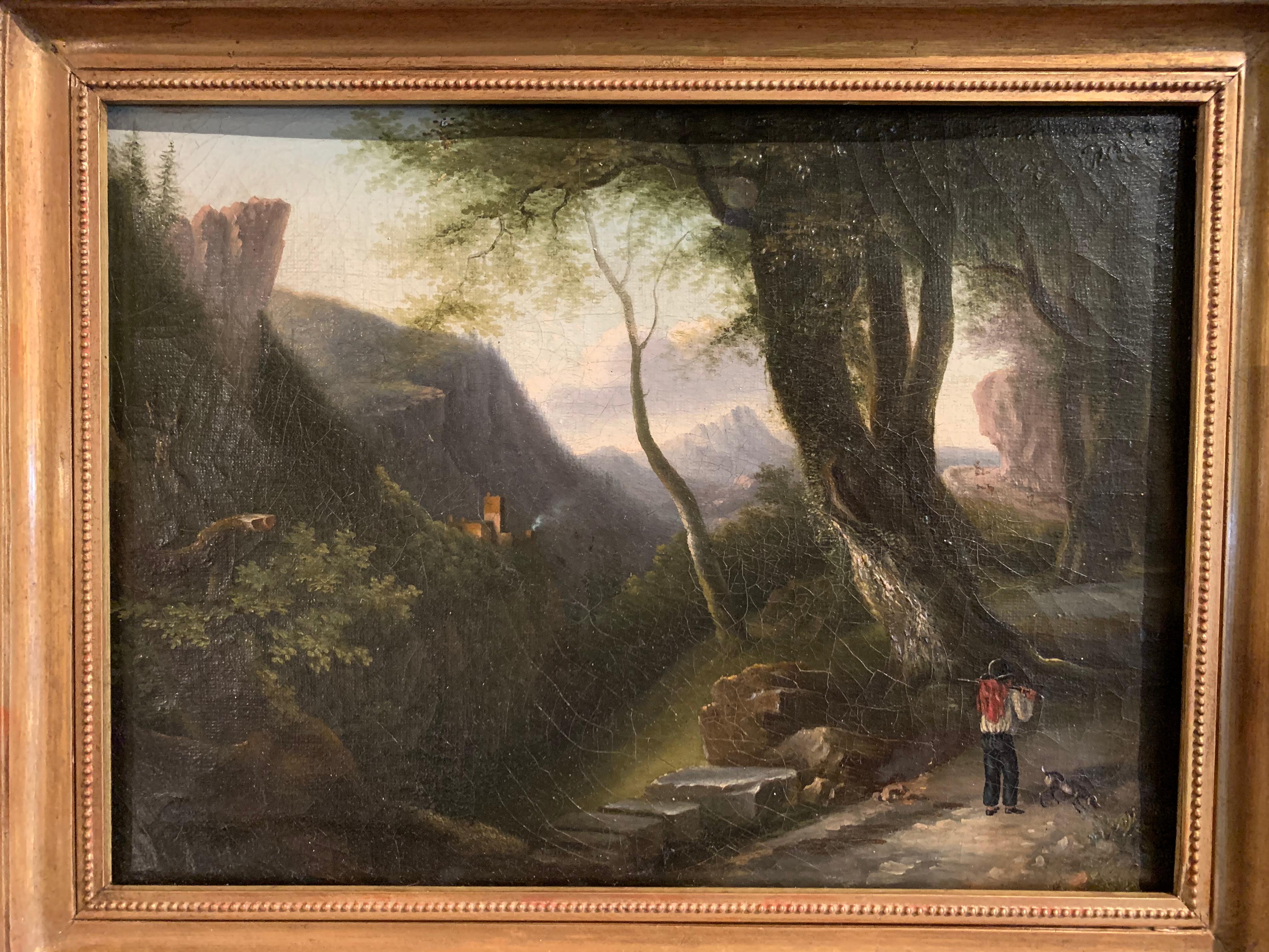 Set in the original carved giltwood frame, this delicate oil on canvas painting from the Barbizon School was done in France circa 1870; the canvas depicts a pastoral scene with a farmer carrying his bundle of wood on the shoulder. The artwork shows