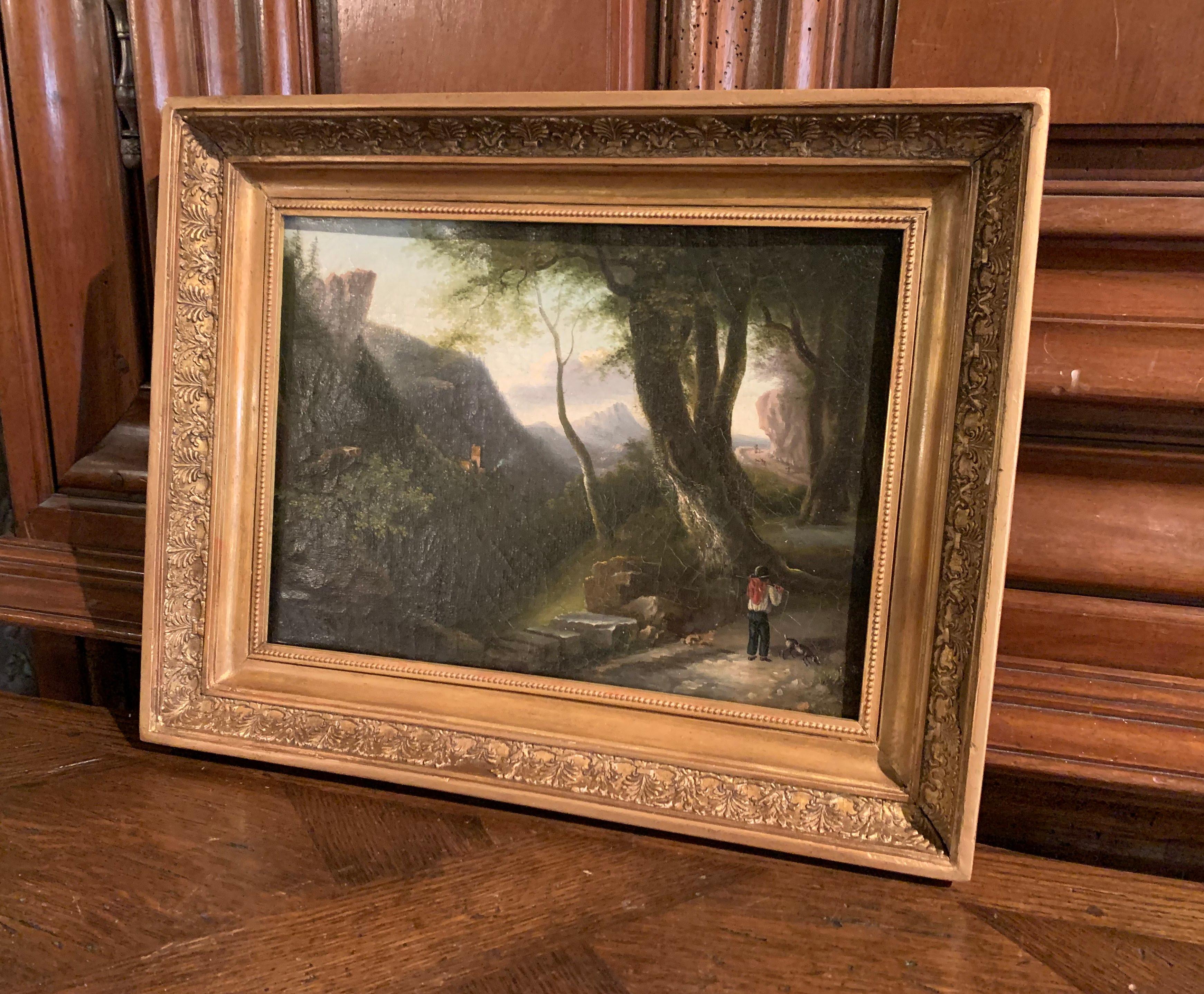 19th Century French Oil on Canvas Pastoral Scene Painting in Carved Gilt Frame 2