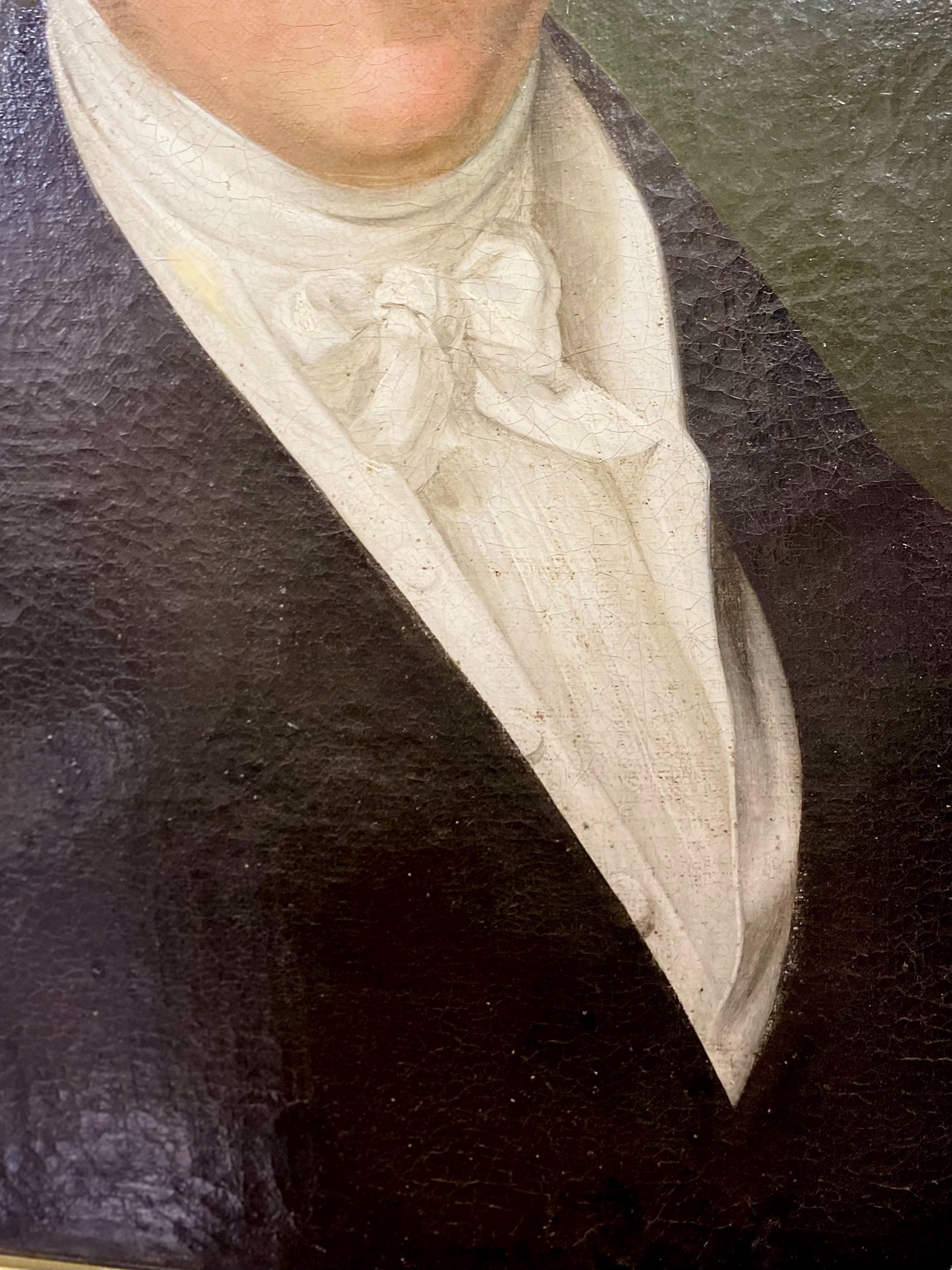Hand-Painted 19th Century French Oil on Canvas “Portrait of a Man in a White Shirt” For Sale