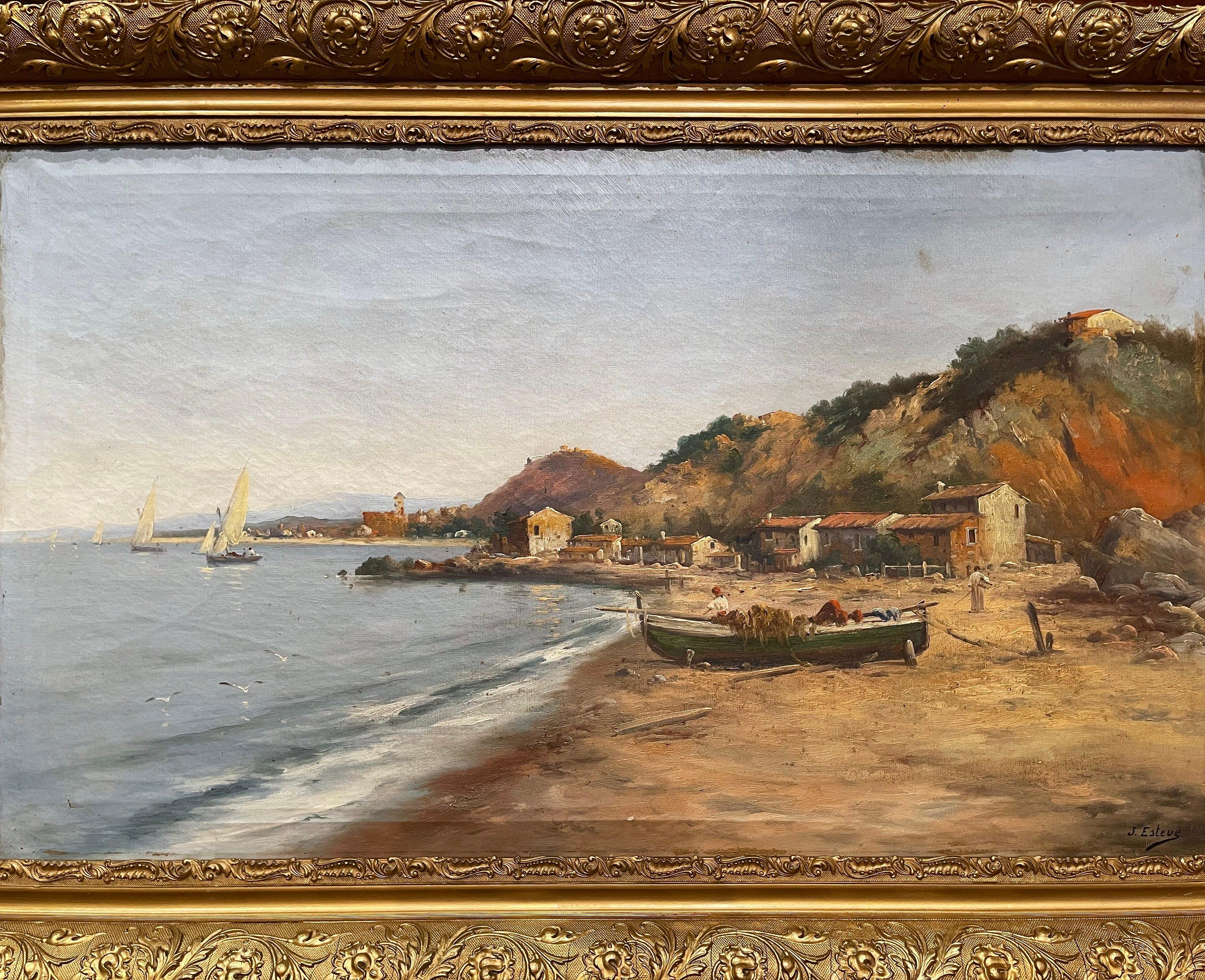 Decorate a wall with this large oil painting. Created in France circa 1880 and set in the original carved gilt wood, the art work depicts a typical French Riviera coastline with sailboats, fishing boat and country house with peaceful Mediterranean