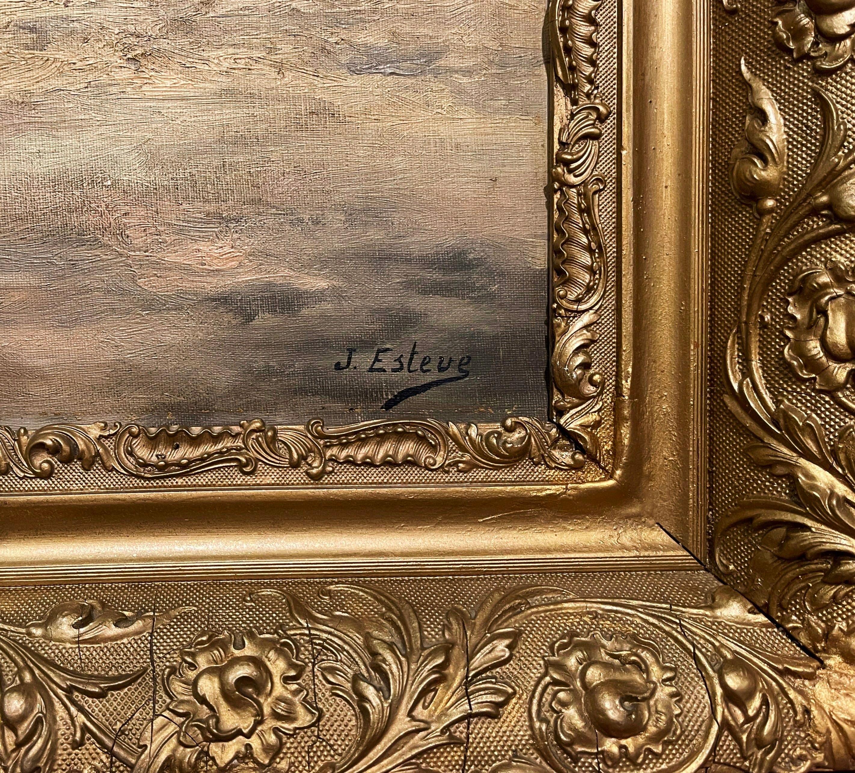 19th Century French Oil on Canvas Sea-Coat Painting in Gilt Frame Signed Esteve In Excellent Condition In Dallas, TX