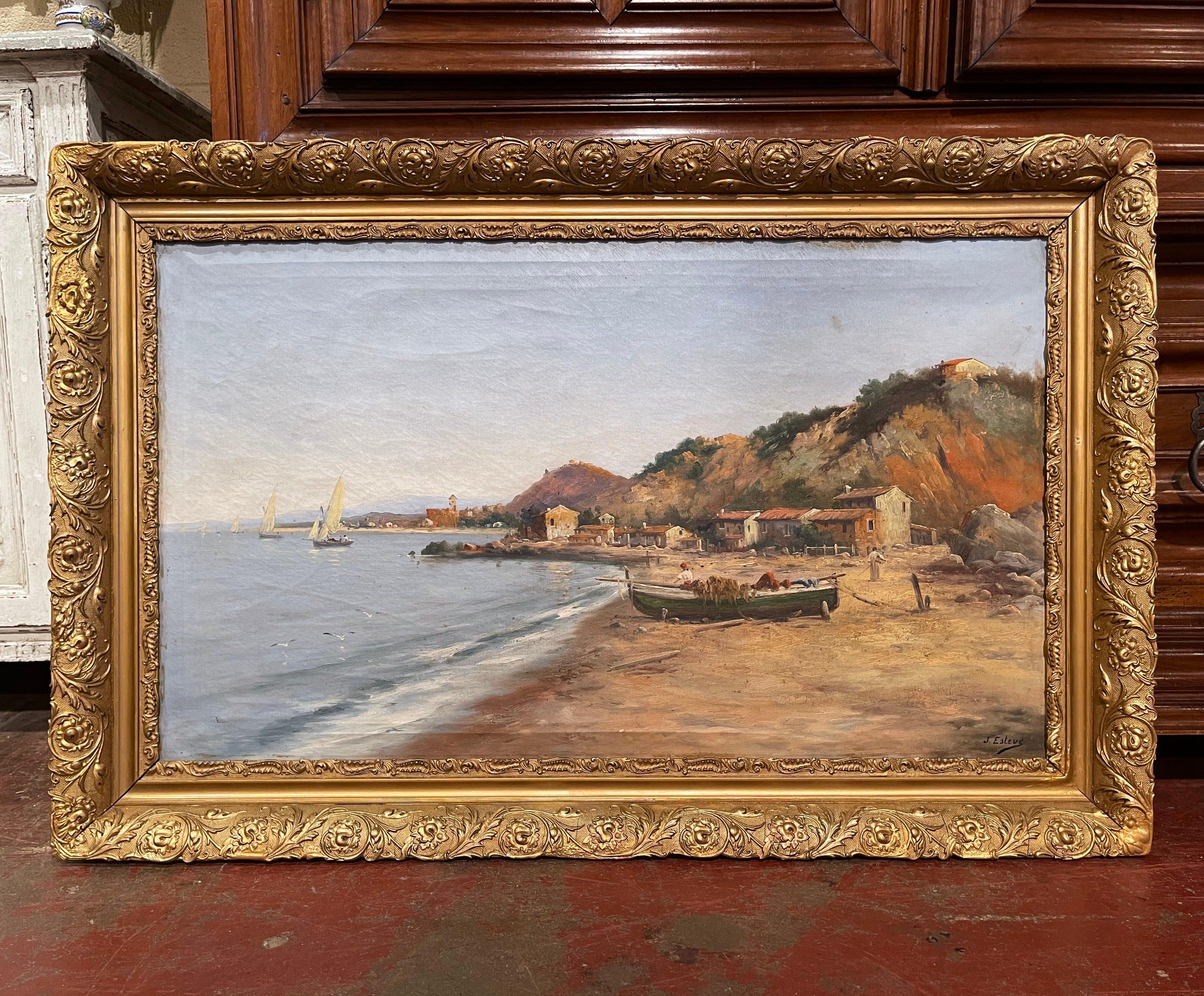 19th Century French Oil on Canvas Sea-Coat Painting in Gilt Frame Signed Esteve 1