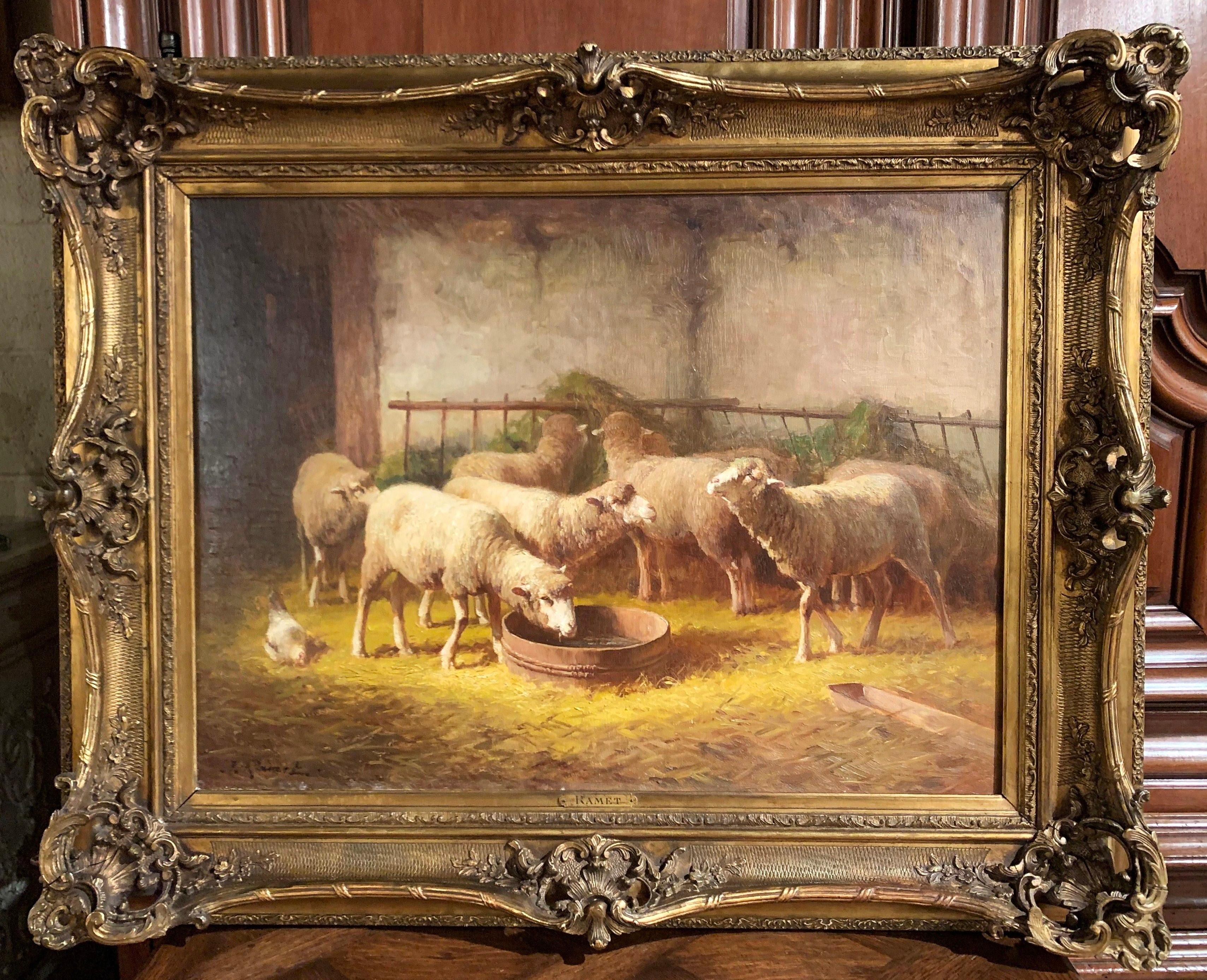 19th Century French Oil on Canvas Sheep Painting in Gilt Frame Signed J. Ramet 1