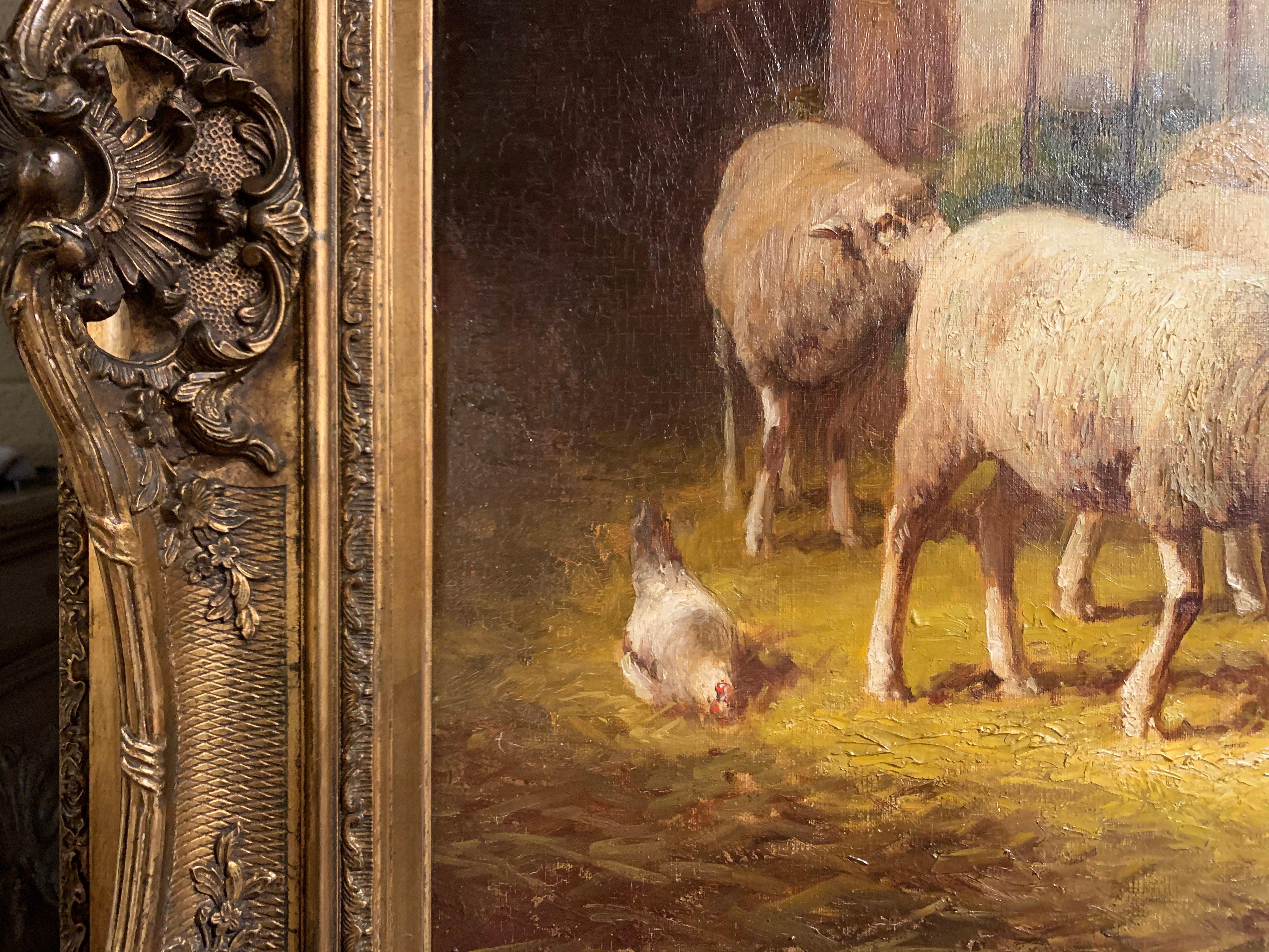 19th Century French Oil on Canvas Sheep Painting in Gilt Frame Signed J. Ramet 3