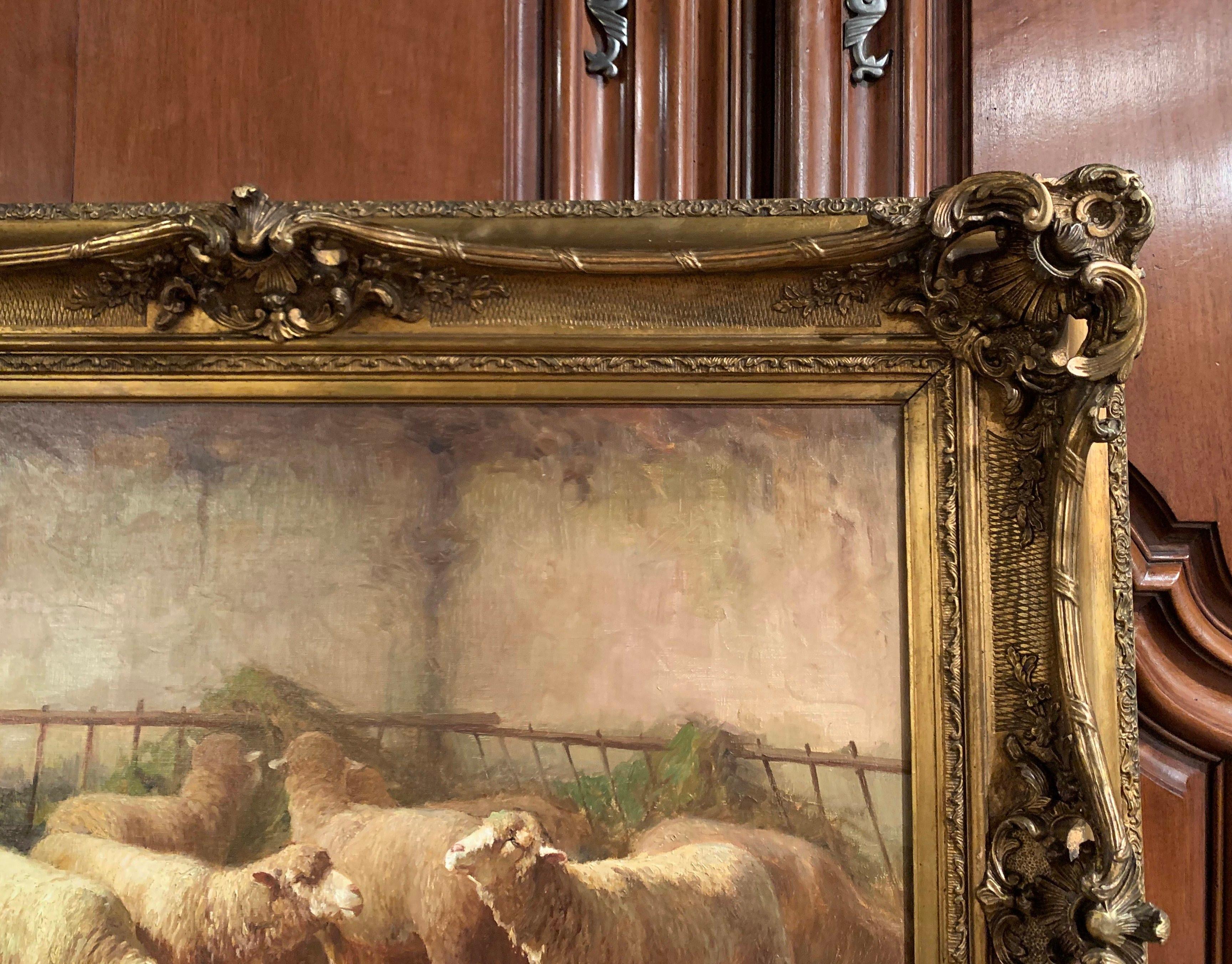 19th Century French Oil on Canvas Sheep Painting in Gilt Frame Signed J. Ramet 4