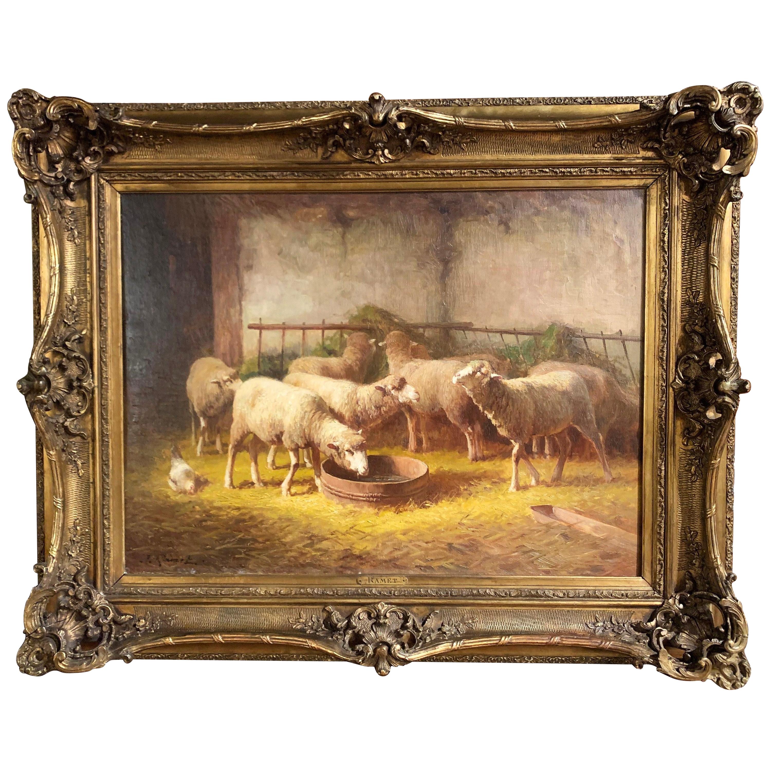 19th Century French Oil on Canvas Sheep Painting in Gilt Frame Signed J. Ramet