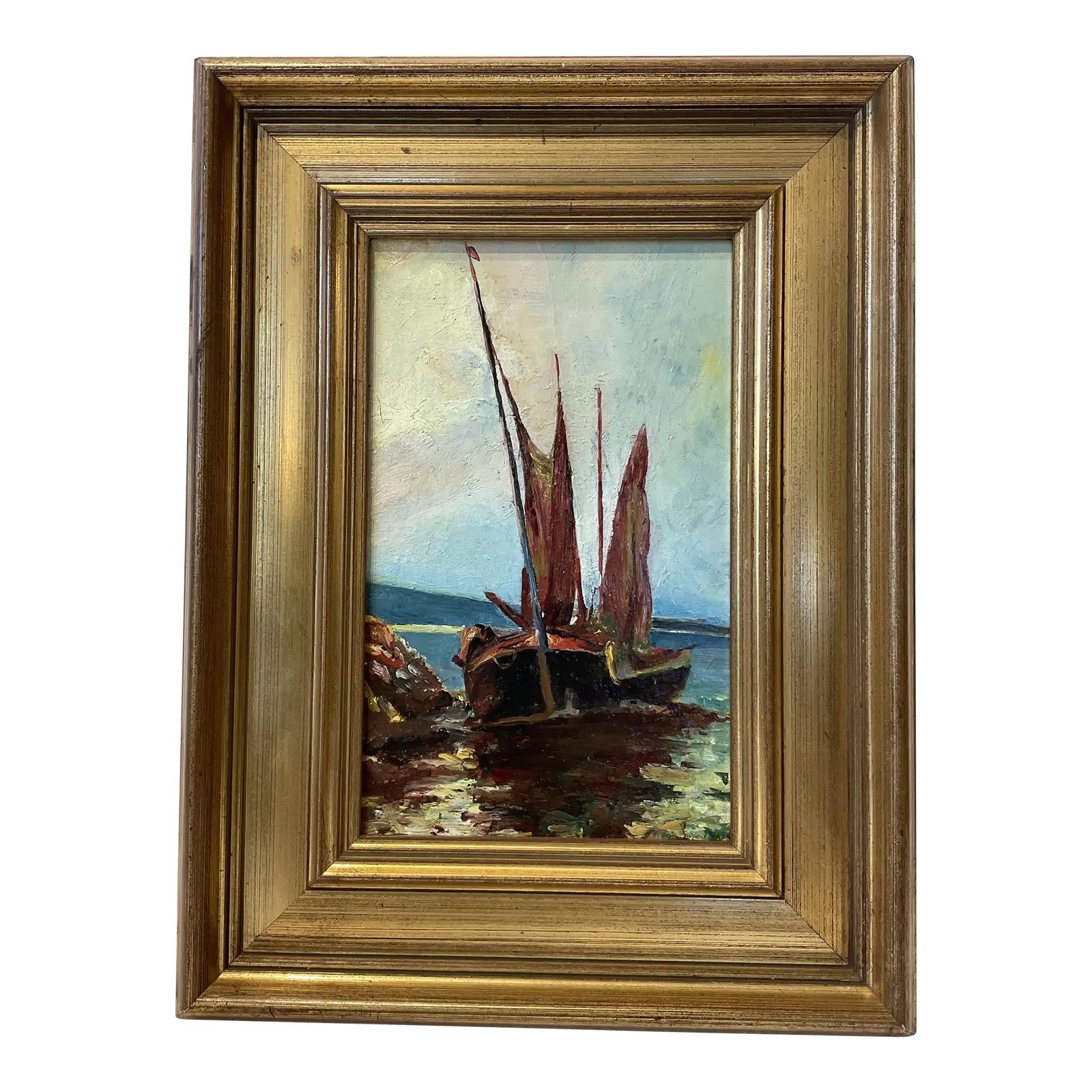 Add a costal element to your walls with this beautiful 1920's French oil painting. The highly detailed depiction of the ship drifting gently along the water is an especially great find for lovers of elegant understated costal decor. 