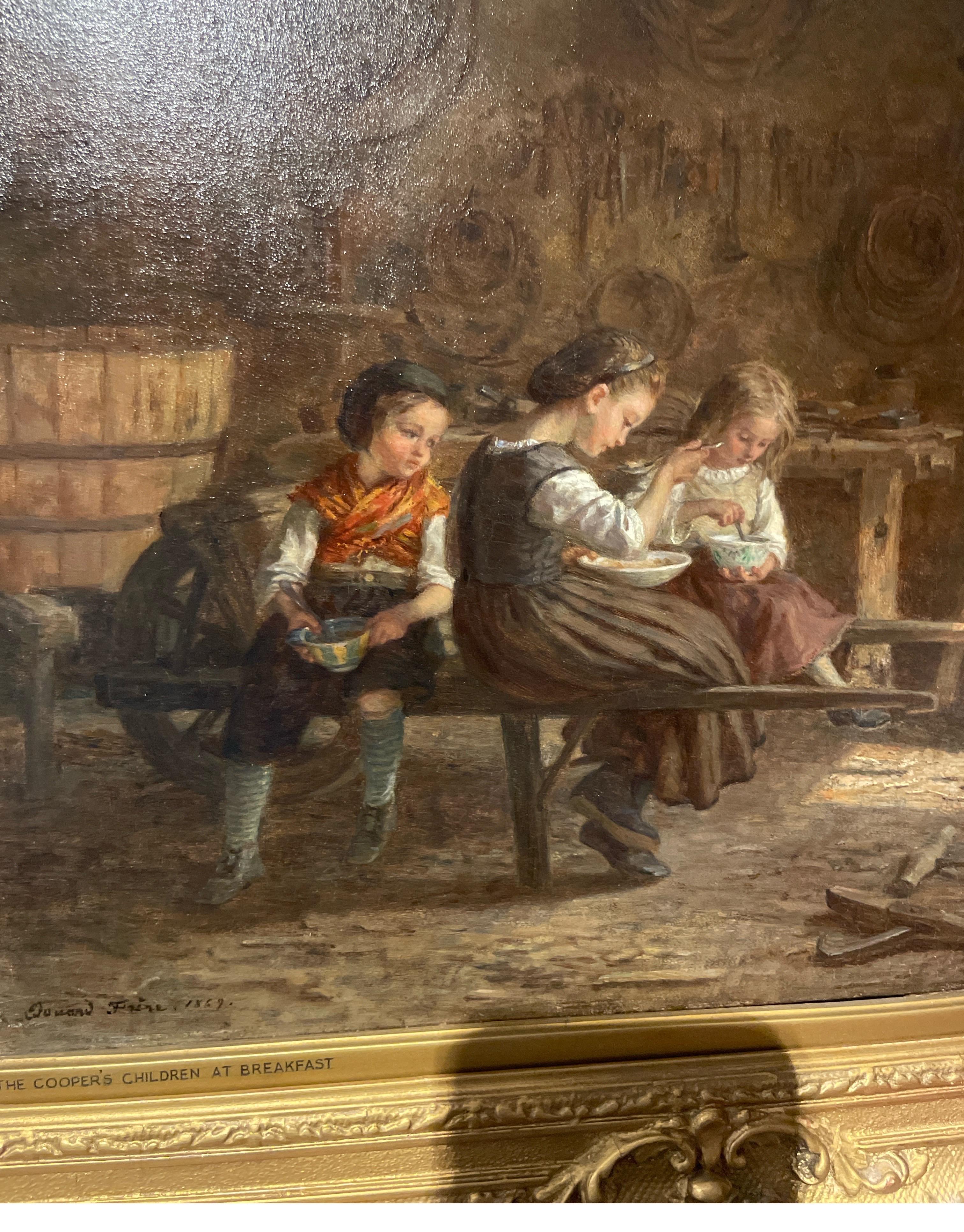 Painted by Eduardo Frere in 1869
Signed lower left
Title :The Coopers Children at Breakfast 

Frère studied under Paul Delaroche, entered the École des Beaux-Arts in 1836 and exhibited first at the Salon in 1843. Among his chief works are the two