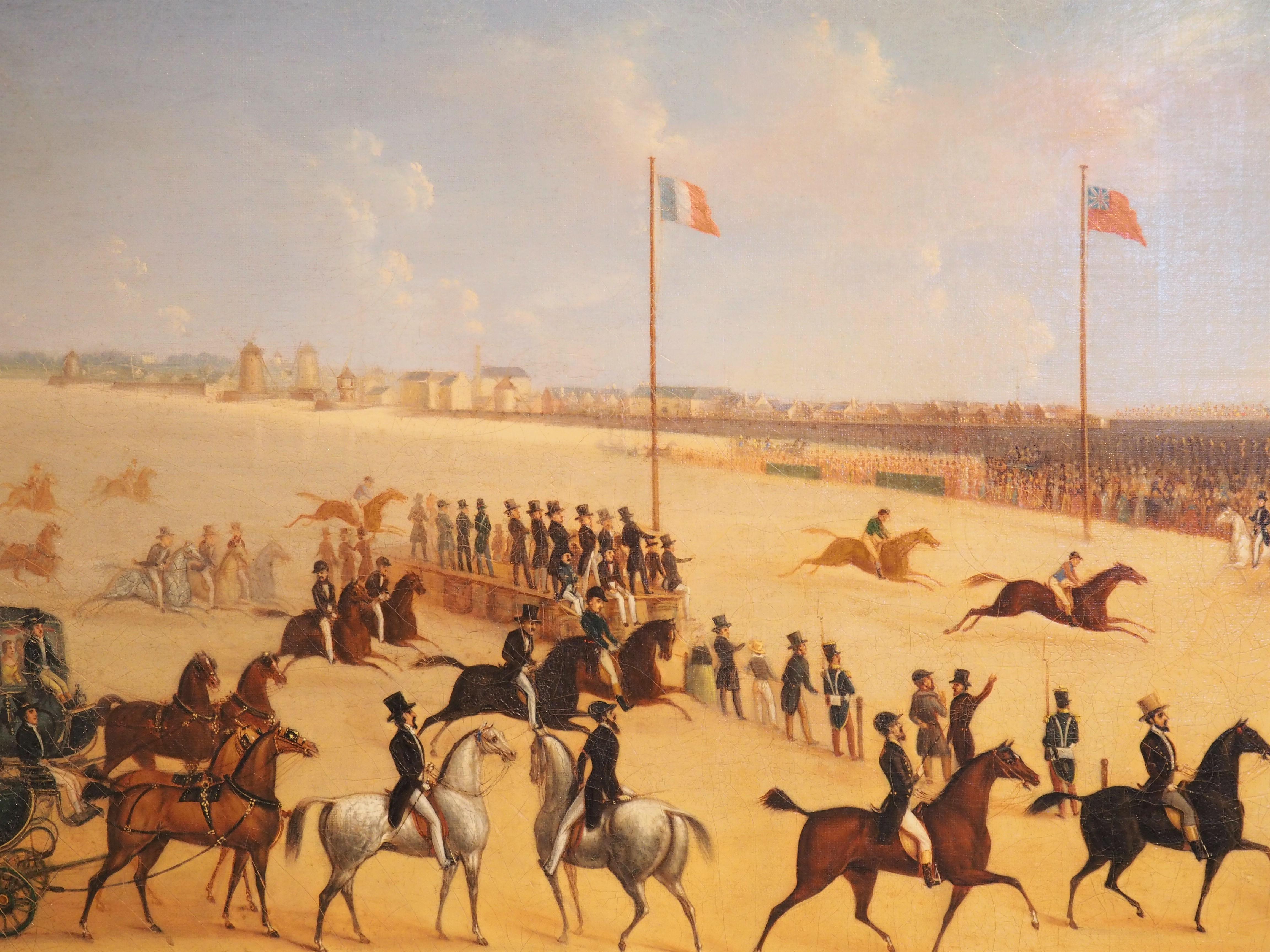 Gilt 19th Century French Oil Painting, Horse Racing on the Beaches of Saint-Malo For Sale