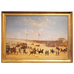 Antique 19th Century French Oil Painting, Horse Racing on the Beaches of Saint-Malo