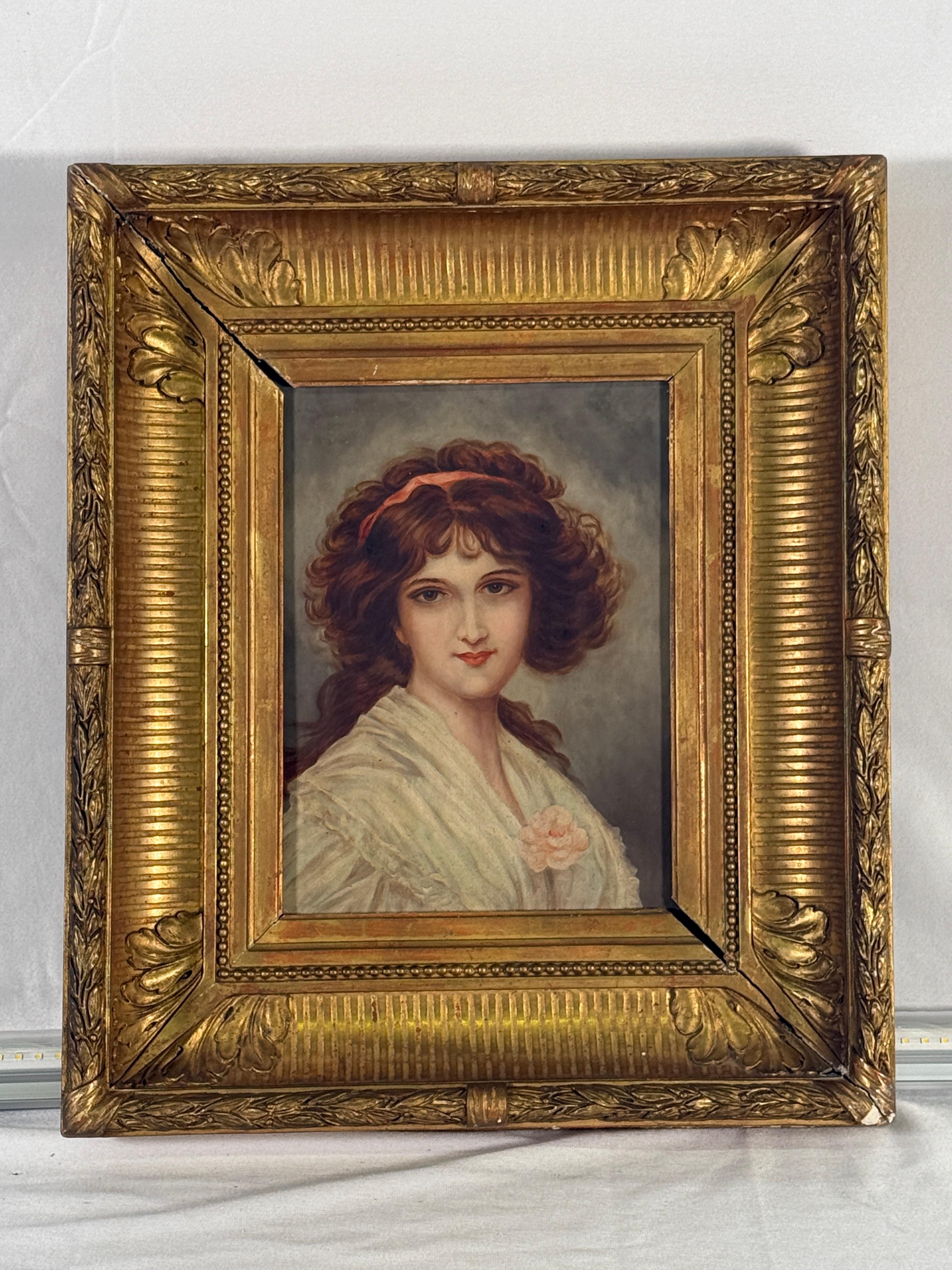19th Century French Oil Painting of Girl in a Pink Dress. Beautiful Empire style Giltwood frame. Unique piece purchased in France. Age appropriate wear, see detailed photos or message us with questions. 

Dimensions Inside Frame: Height 10.5