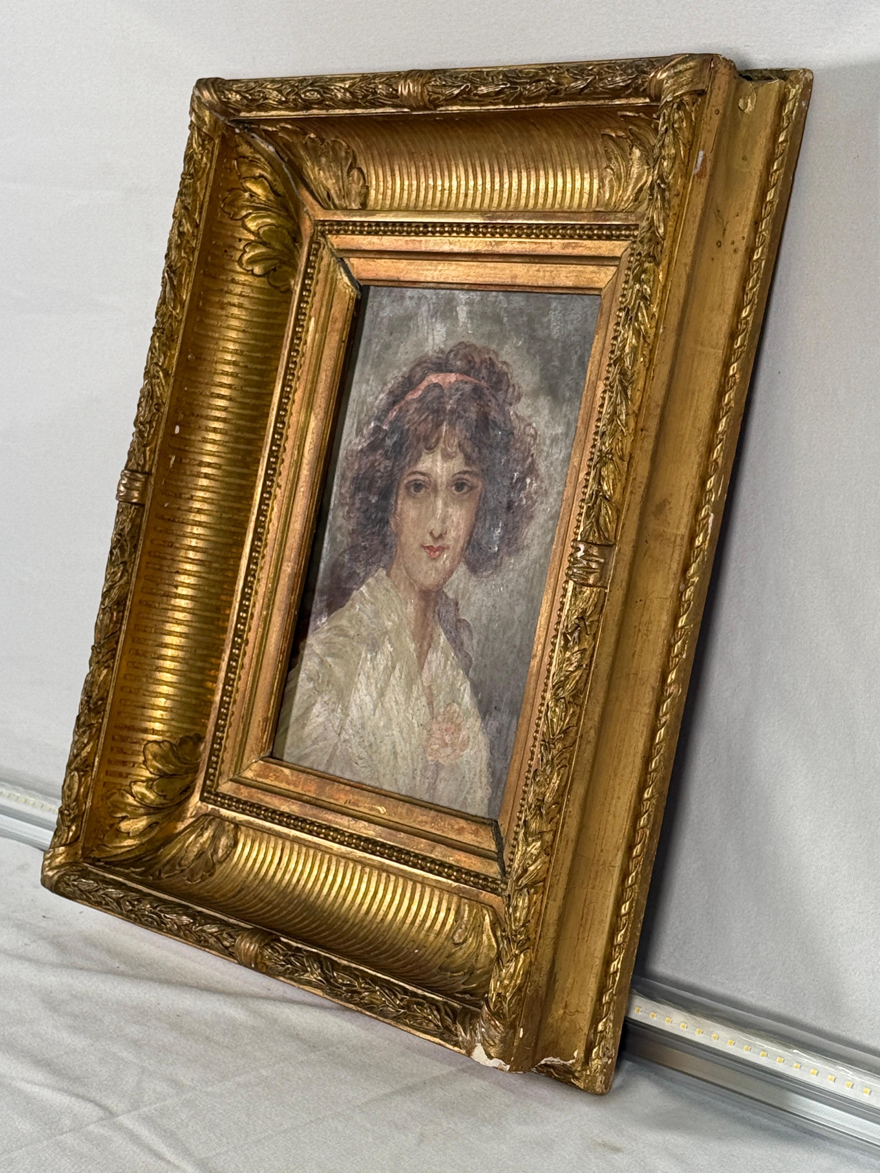 Napoleon III 19th Century French Oil Painting of a Girl in a Pink Dress For Sale