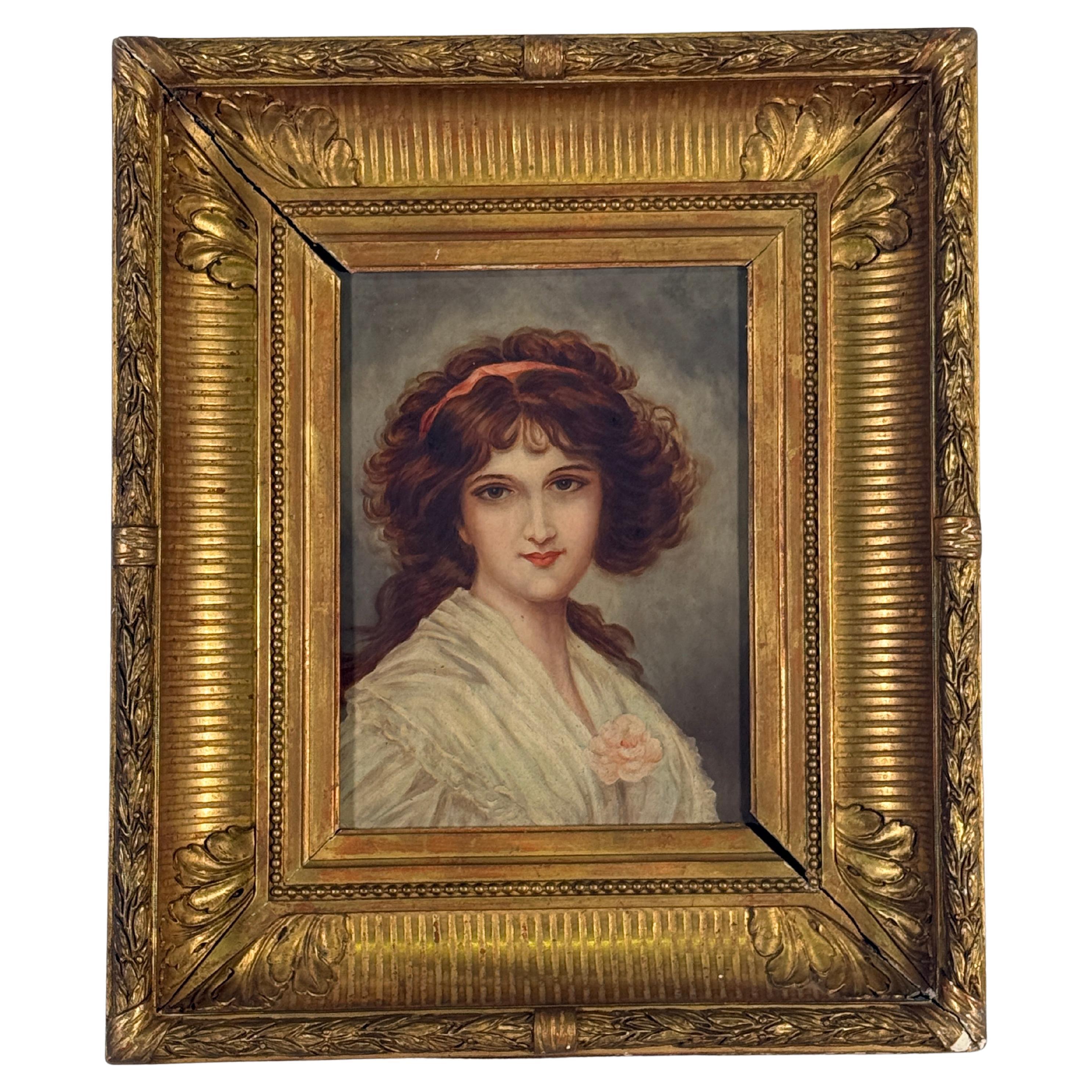 19th Century French Oil Painting of a Girl in a Pink Dress