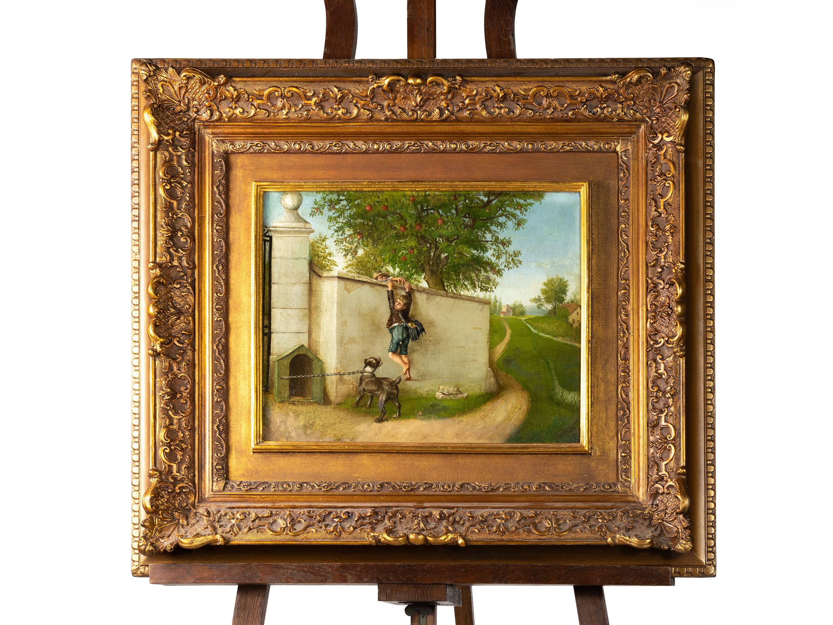 A charming Romanticism Period oil on wood painting of a young boy climbing a property wall, evading the watchful eye of a farmer and his loyal guard dog. 

The scene is reminiscent of a child's innocent mischief, capturing the carefree spirit of