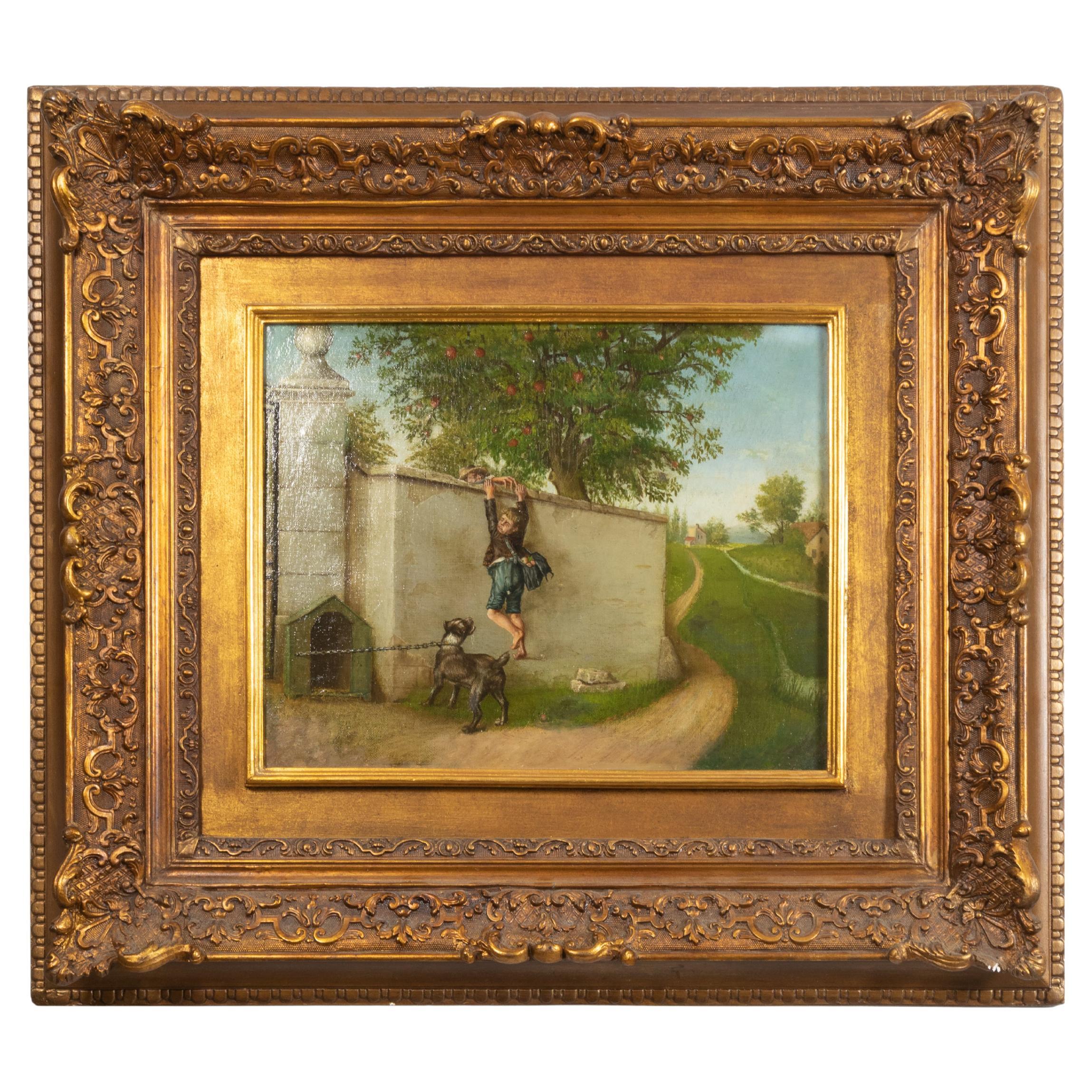 19th Century French Oil Painting Of Young Boy, Romanticism Period Work Of Art