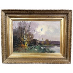 Pittura a olio su tela francese del XIX secolo con cornice dorata firmata E. Galien-Laloue