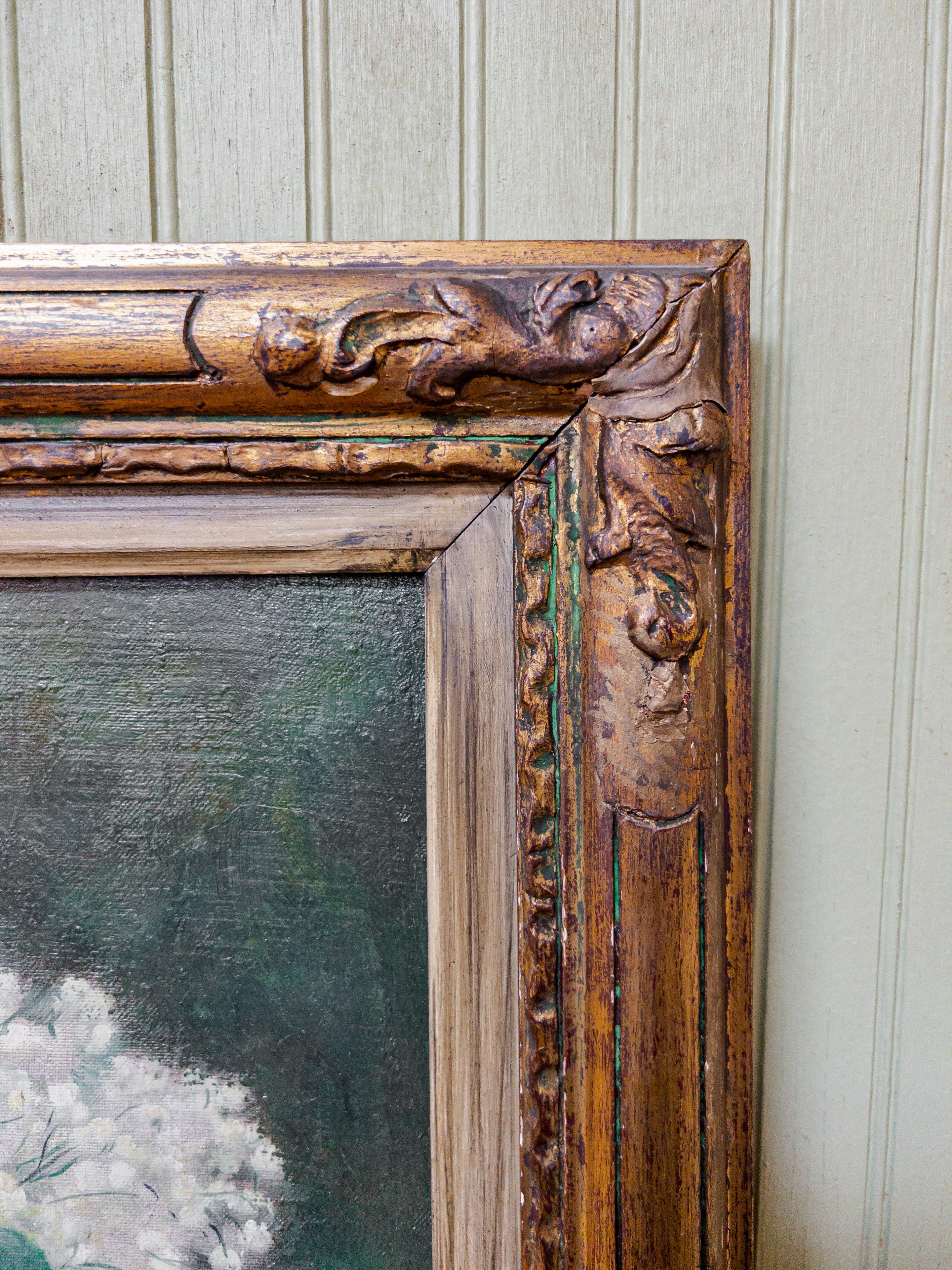 19th Century French oil painting on canvas of floral.
Oil painting on canvas framed with a liner and gilt wooden frame.