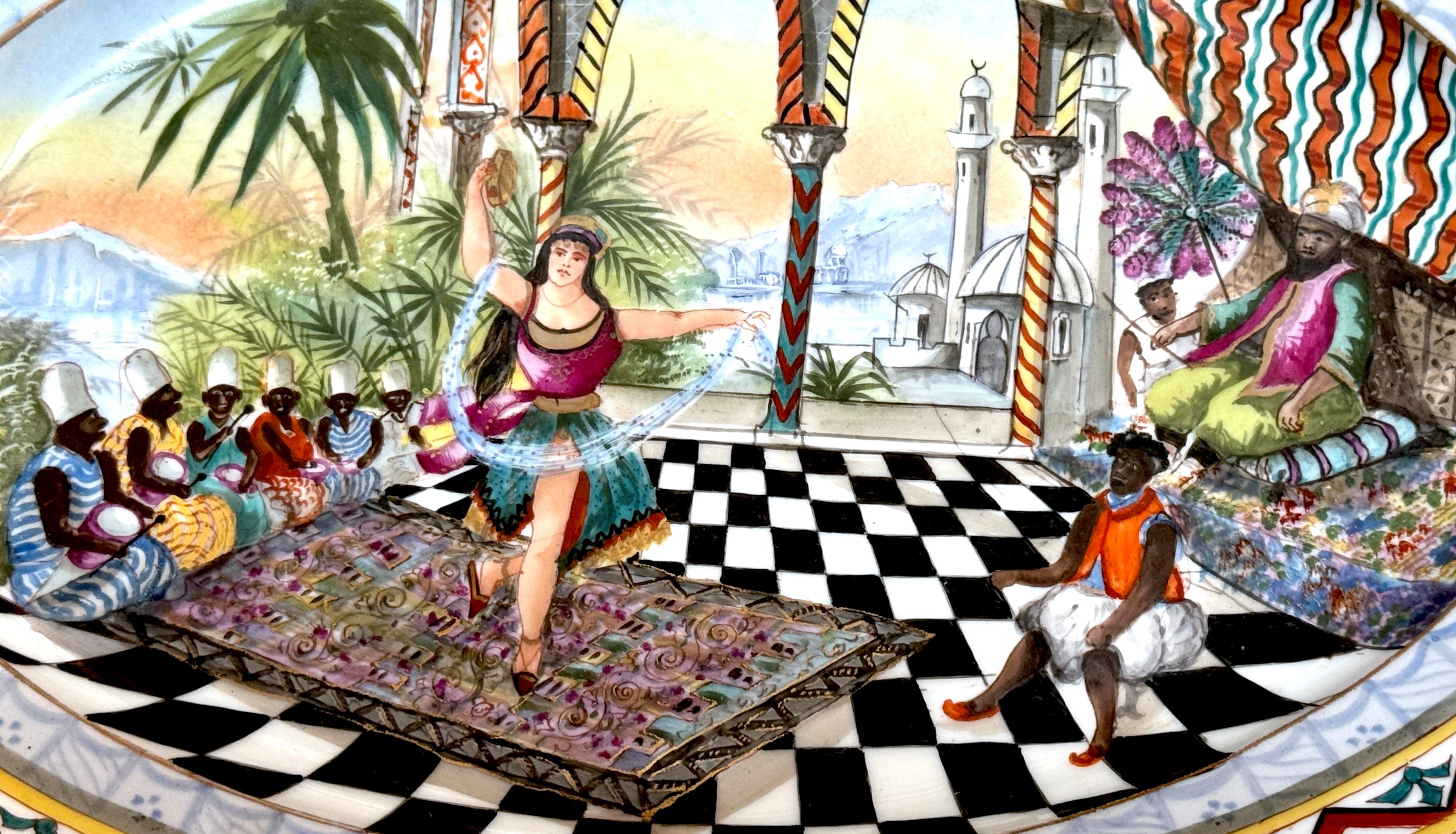 Enameled 19th Century French Old Paris Orientalist Harem Interior Platter