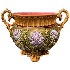 19th Century French Onnaing Barbotine Cachepot with Floral and Leaf Decor