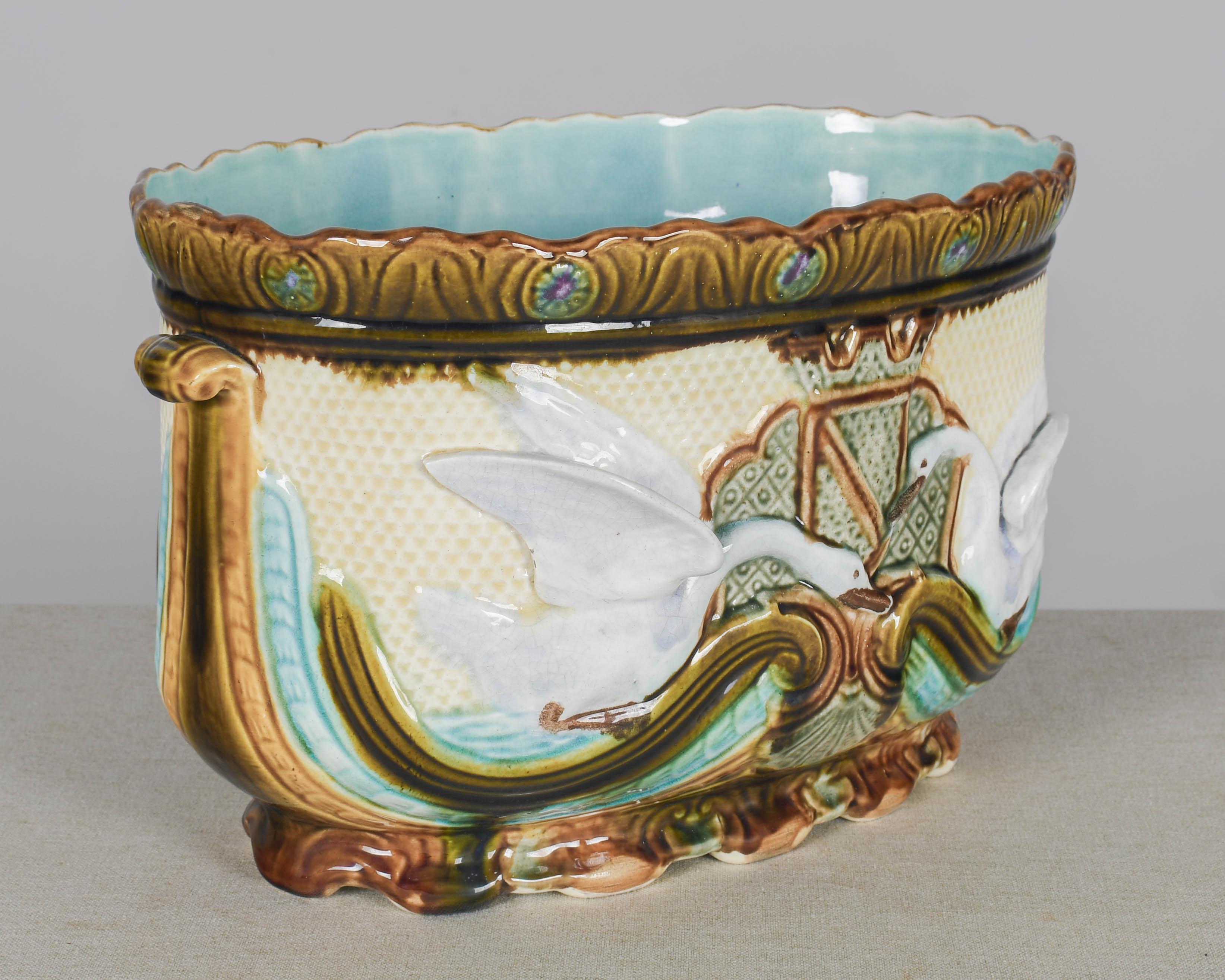 Majolica 19th Century French Onnaing Barbotine Jardiniere For Sale