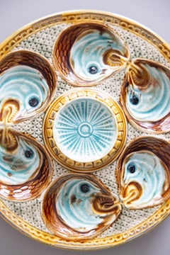 19. Jahrhundert Französisch Onnaing Majolika Fischköpfe Austern Teller