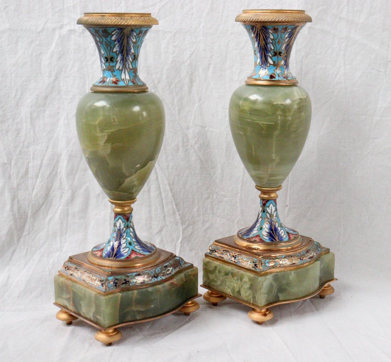 19th Century French Onyx and Champlevé Enamel Three-Pieces Clock Garniture 9