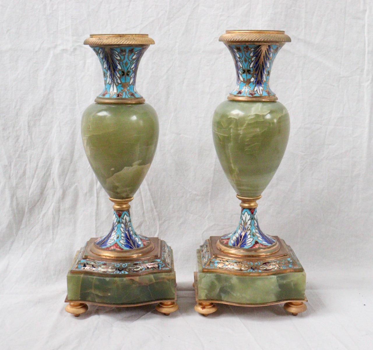 19th Century French Onyx and Champlevé Enamel Three-Pieces Clock Garniture 10