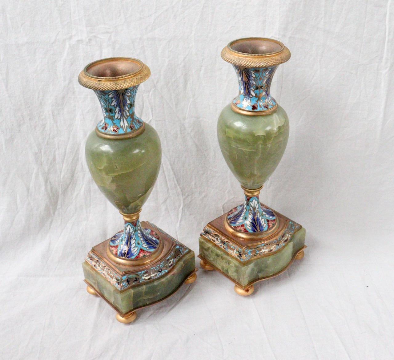 19th Century French Onyx and Champlevé Enamel Three-Pieces Clock Garniture 11