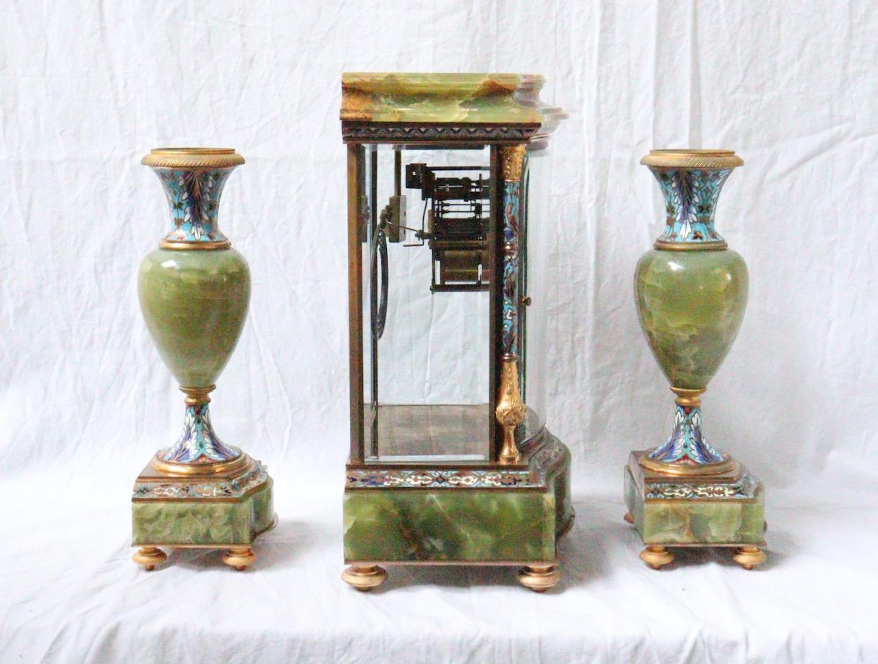 Napoleon III 19th Century French Onyx and Champlevé Enamel Three-Pieces Clock Garniture