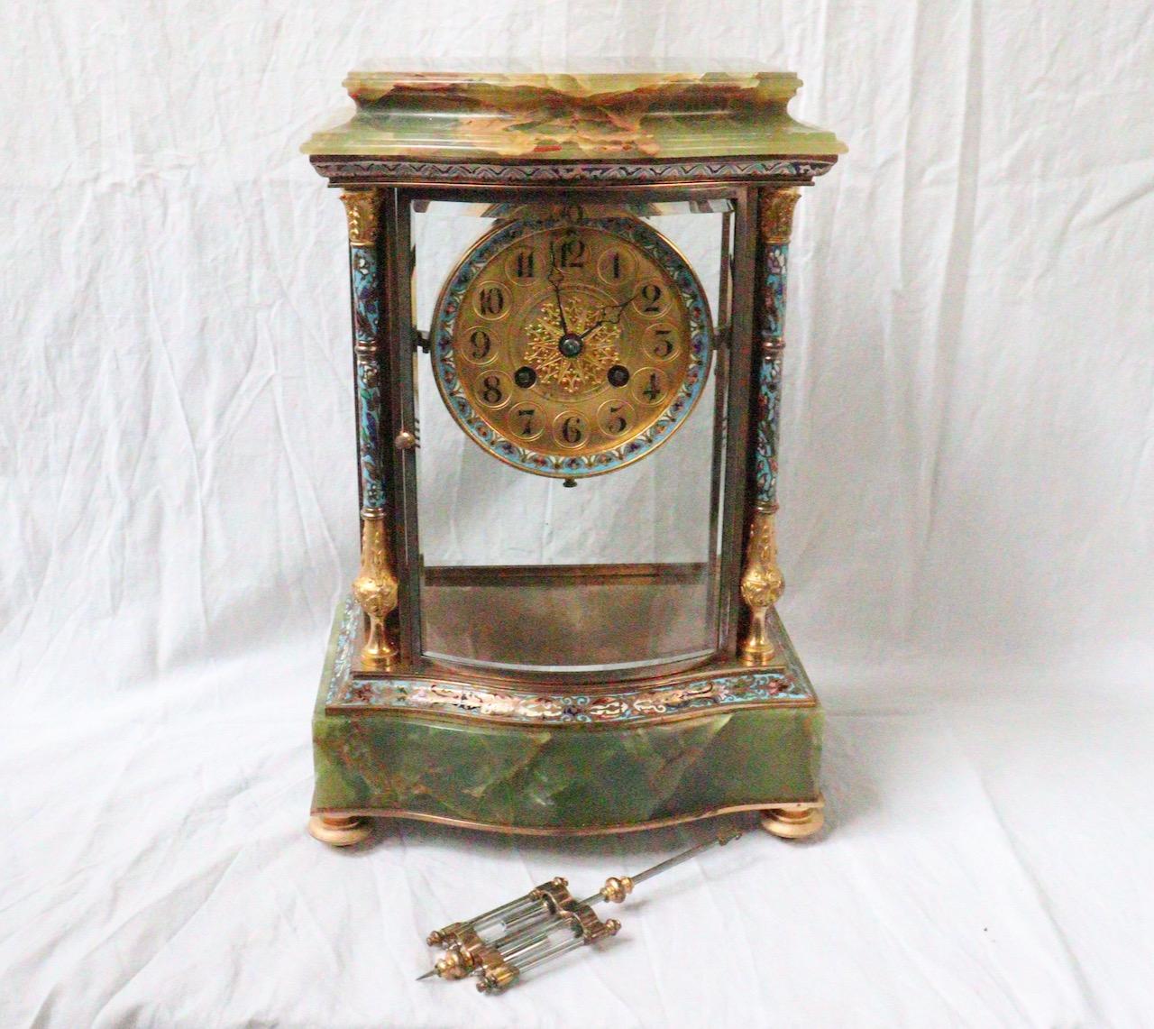 19th Century French Onyx and Champlevé Enamel Three-Pieces Clock Garniture 1