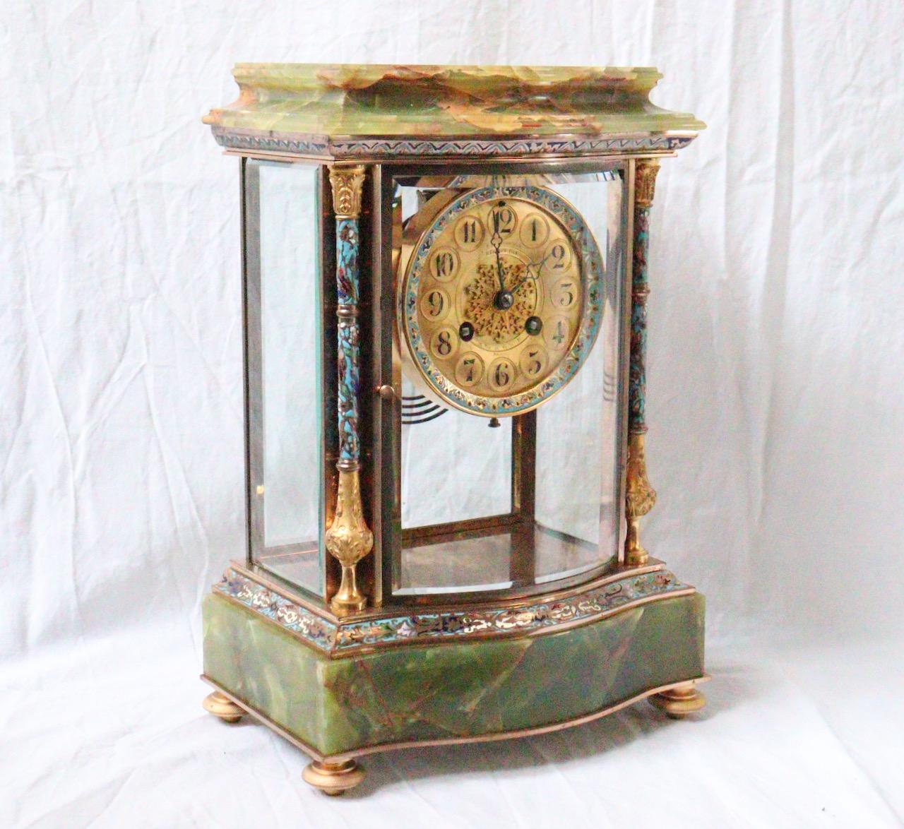 19th Century French Onyx and Champlevé Enamel Three-Pieces Clock Garniture 2